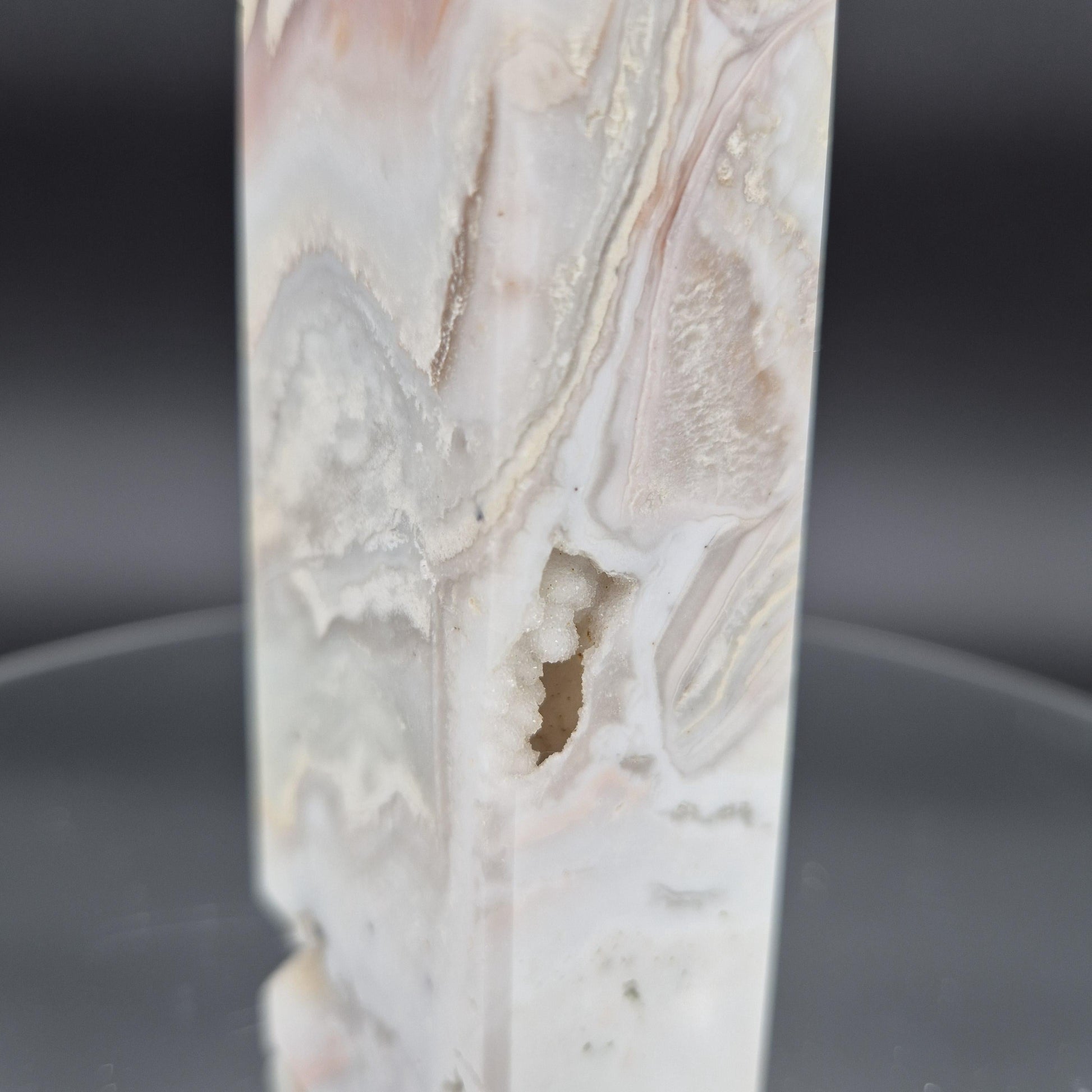 AAA+ Light Pink Crazy Lace Agate Tower with Druzy - 8 x 2in, 1.33 lbs - Natural Crystal Display, Collector Specimen Crystal Hoarder