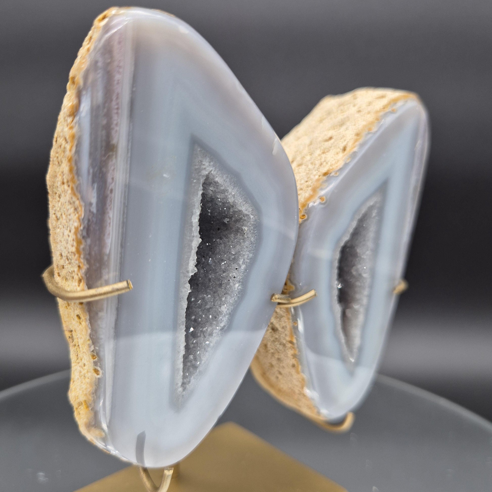 Blue Banded Agate Druzy Geode Wings | 6 x 4.5in | 2.25 lb Pair | Crystal Wall Décor | Statement Mineral Display | Brazil Geode Collectible Crystal Hoarder