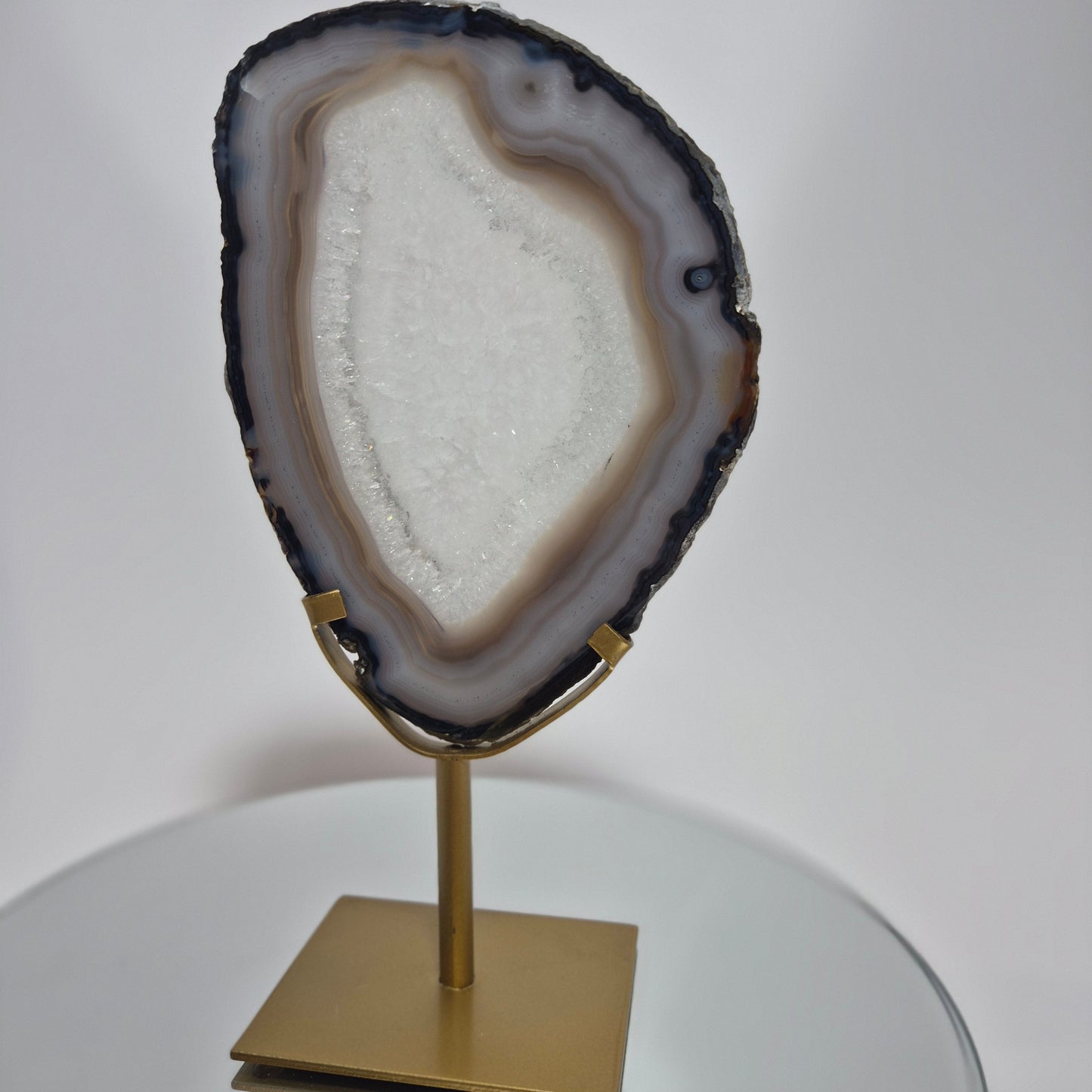 Clear Quartz Crystal with Banded Agate Slice on Stand, Translucent Brazilian Mineral Specimen Crystal Hoarder