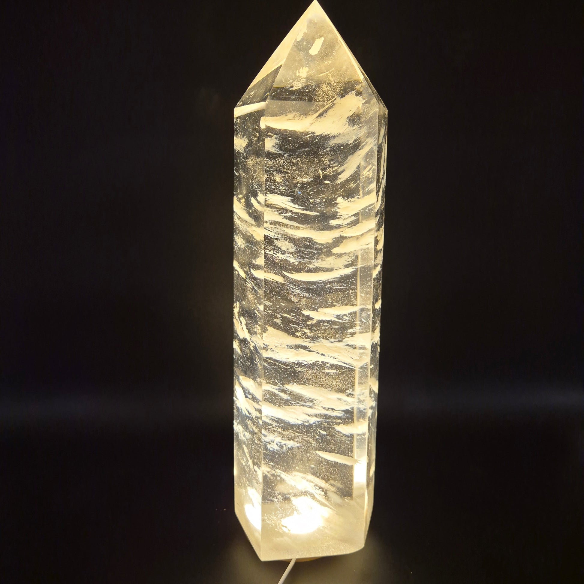 Huge Clear Quartz Tower with White Cloud Inclusions - Man Made Smelted Quartz - 20.79 lbs - 17in x 6in - Optional Light Base Crystal Hoarder