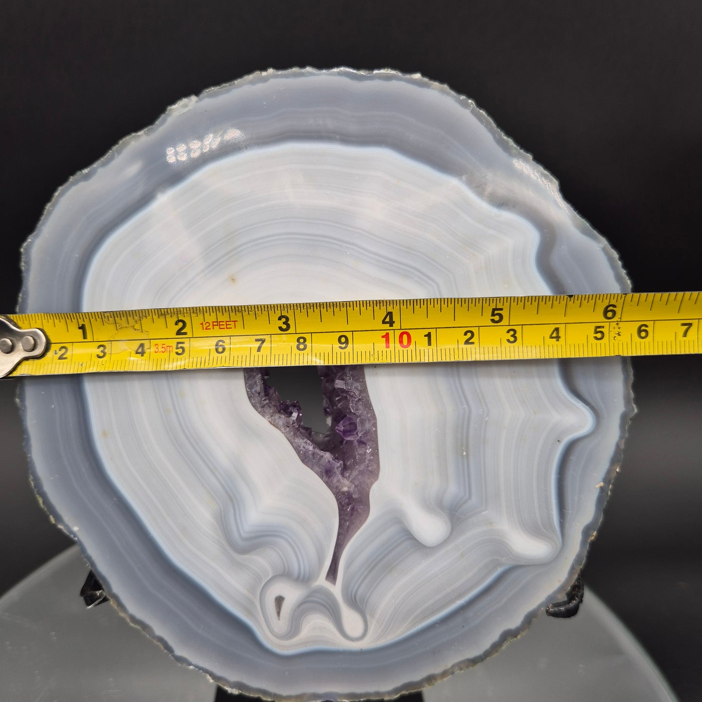 AAA+ Blue Banded Agate with Amethyst on Stand | Brazil Crystal Display | 9 Inch Tall | 2.89 lbs