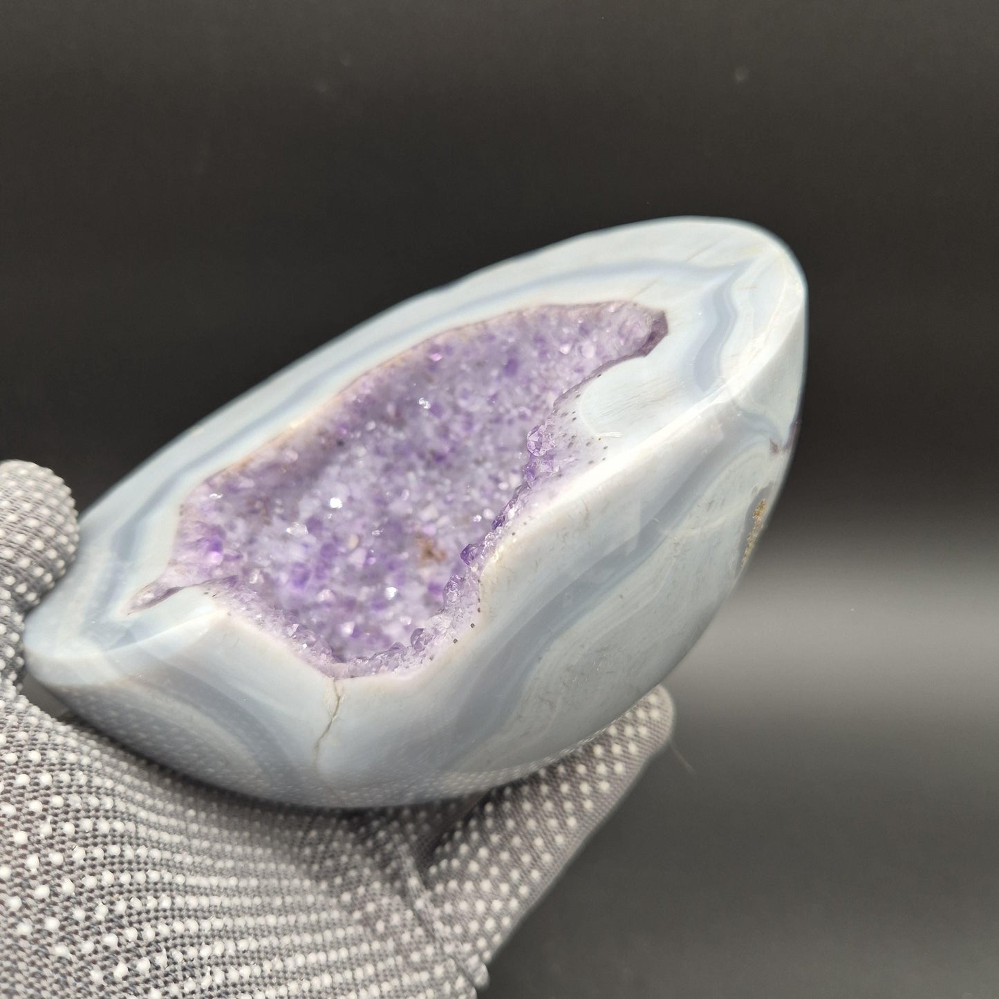 AAA+ Fully Polished Druzy Amethyst with Blue Banded Agate Freeform Brazil 3.21 lbs Crystal Hoarder