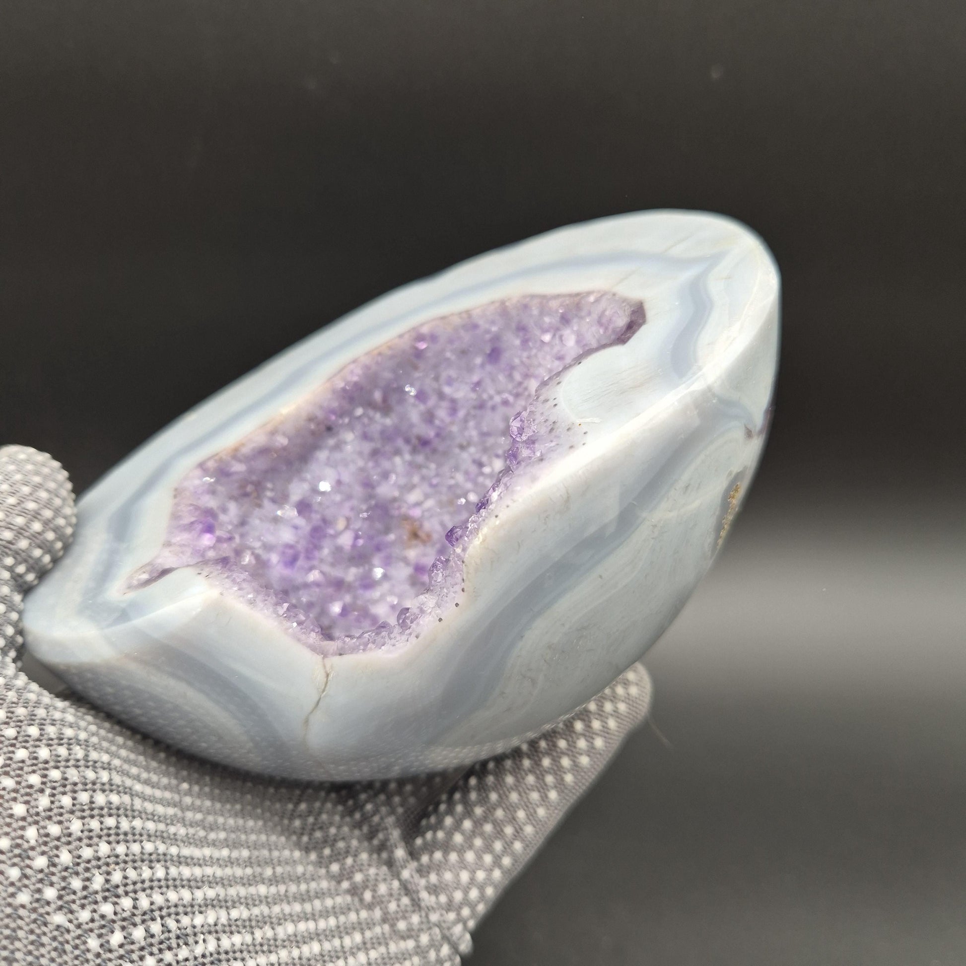 AAA+ Fully Polished Druzy Amethyst with Blue Banded Agate Freeform Brazil 3.21 lbs Crystal Hoarder