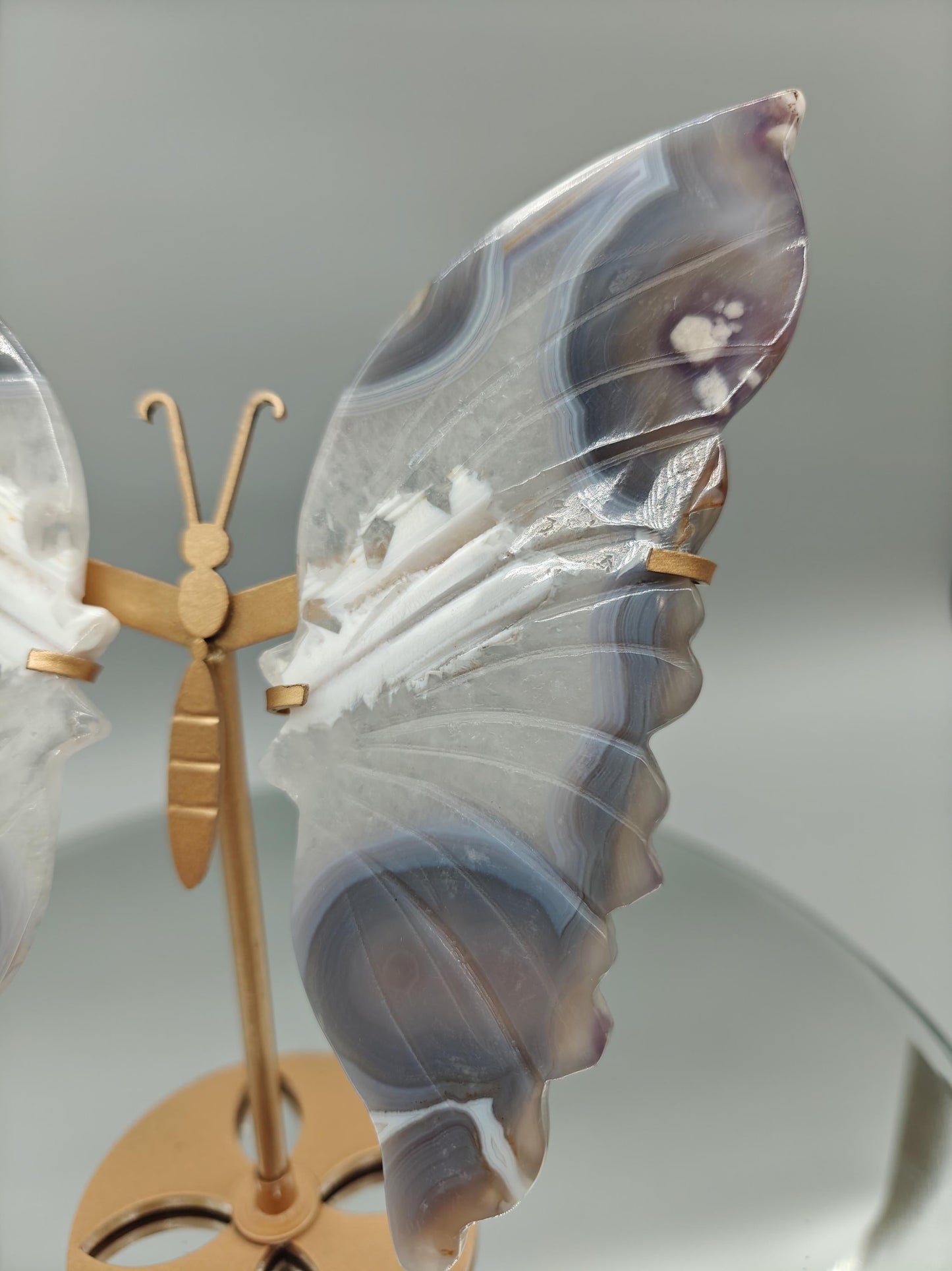 AAA+ Perfect Black Flower Agate Butterfly on Stand - Backlit Display - 8 x 6.5in - 12.45 oz - Unique Crystal Decor Crystal Hoarder