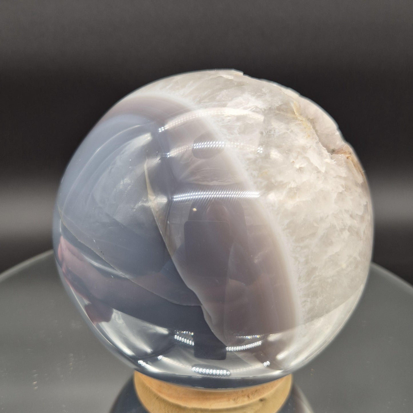 AAA+ Rare Sugar Druzy Amethyst Sphere with Calcite Hematite Blue Banded Agate 5 In (125mm) 5.24 lbs Brazil Crystal Hoarder