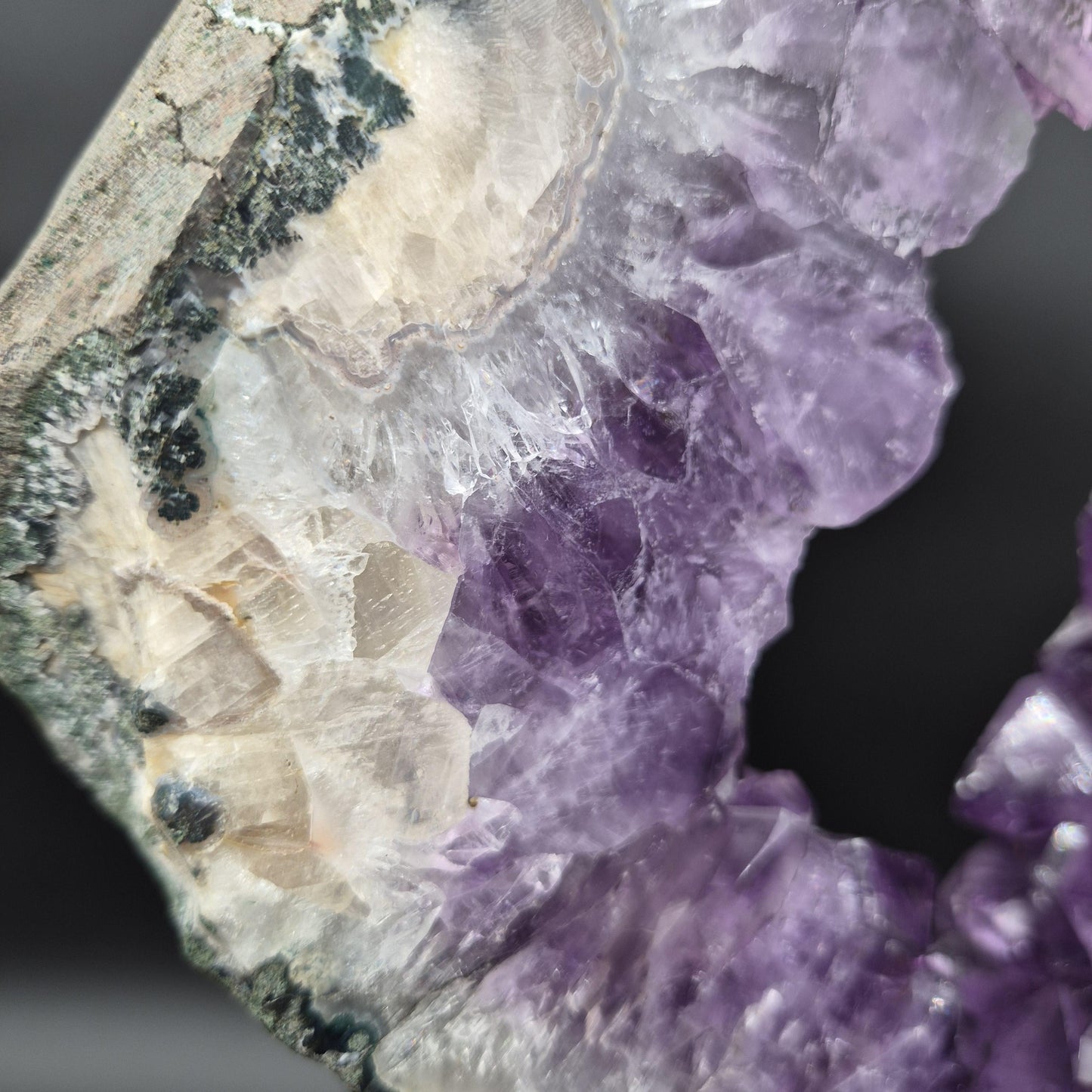 AAA+ Amethyst with UV Reactive Calcite Portal on Stand Brazil 13.17 lbs 17x12x1.5 Statement Crystal Display Crystal Hoarder
