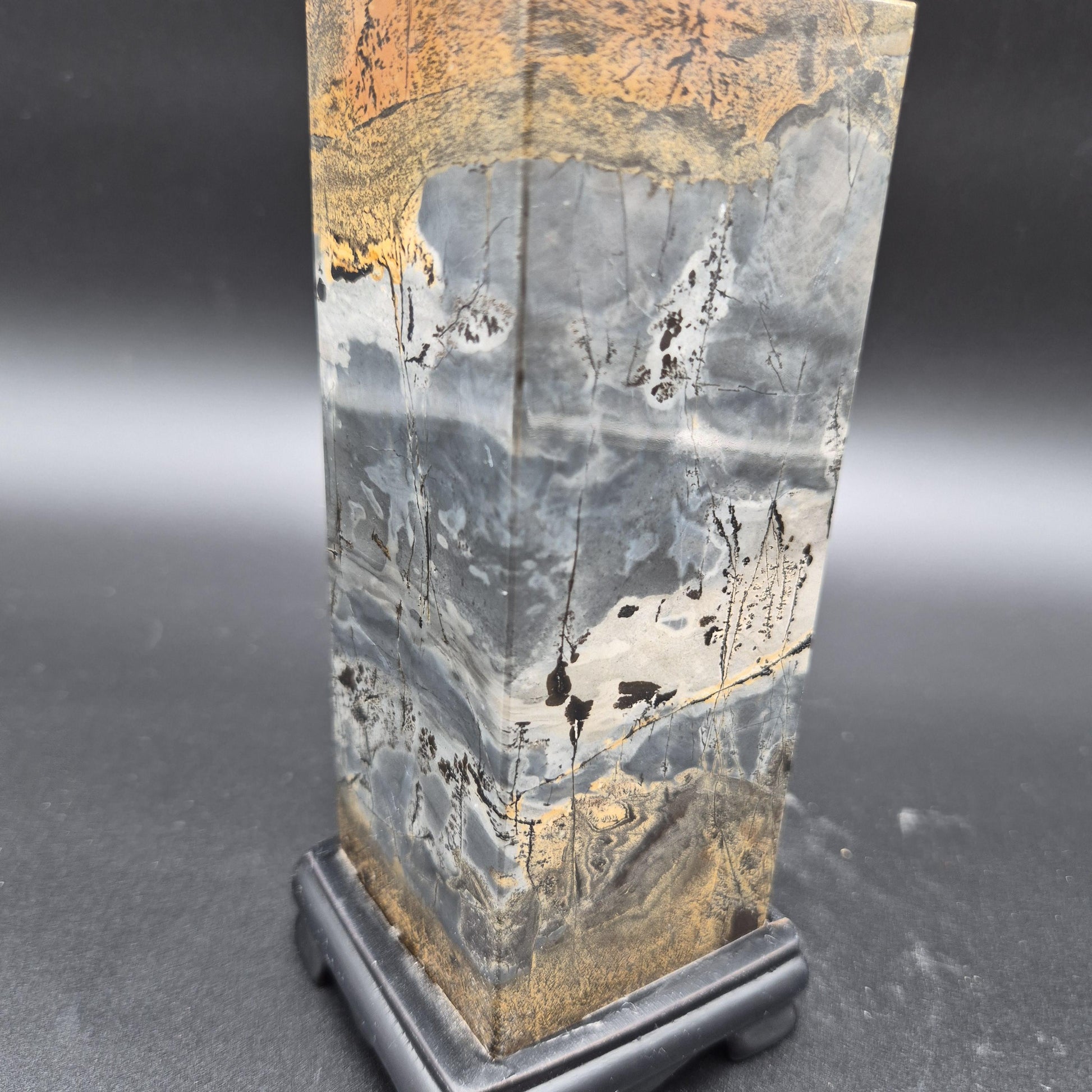 AAA+ Picture Jasper on Wood Base | Dark Gray & Earth Tones Natural Scenic Stone | 3.48 lbs Crystal Hoarder