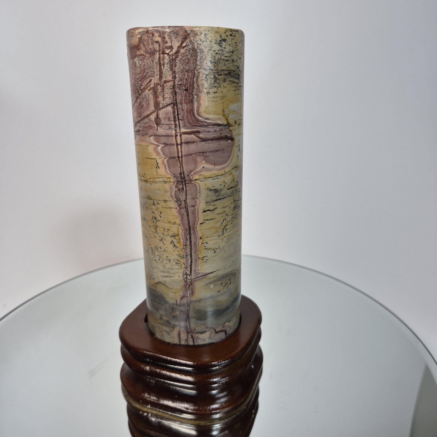 Picture Jasper Cylinder on Wood Stand - 7.5in Tall Earth Tone Crystal Display Crystal Hoarder