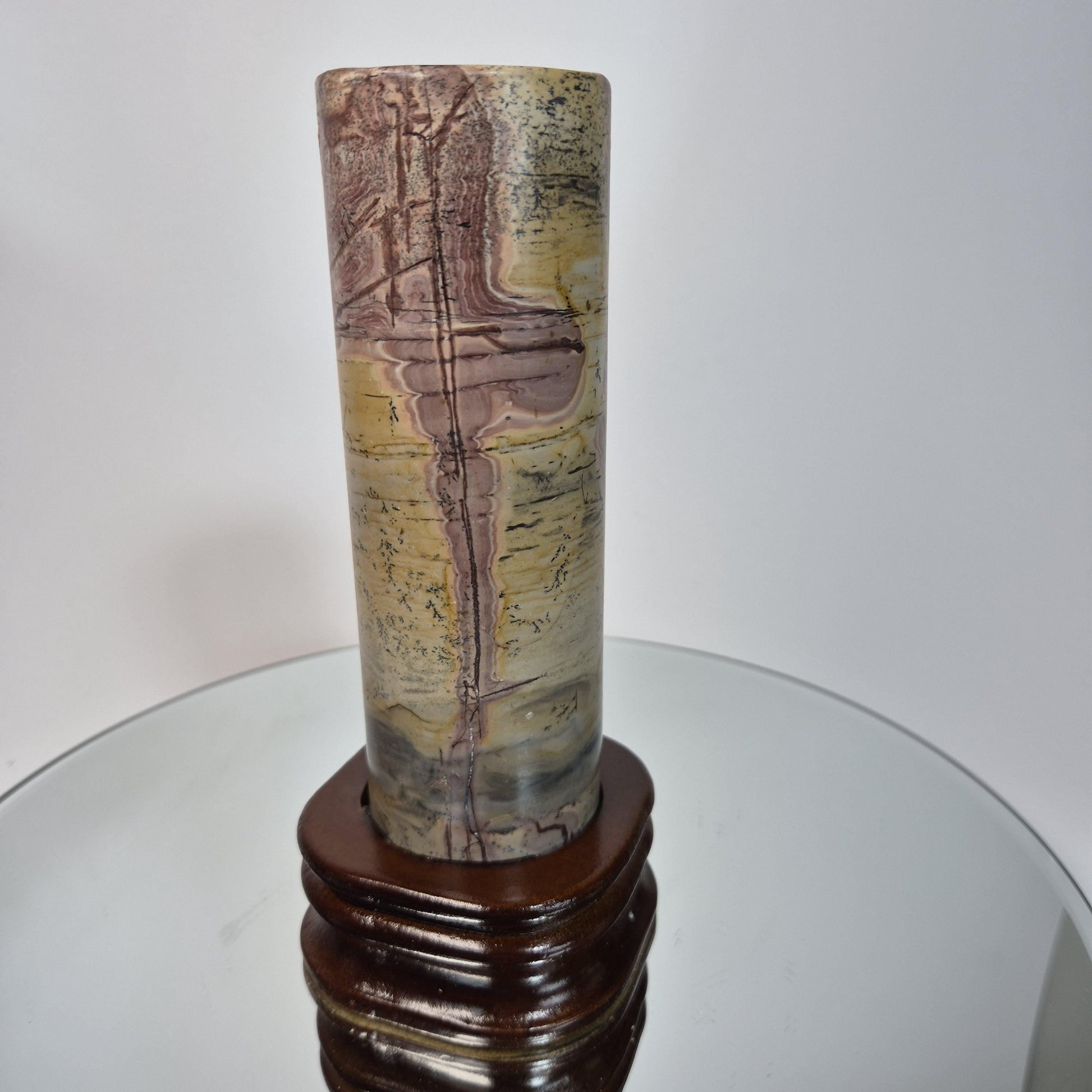 Picture Jasper Cylinder on Wood Stand - 7.5in Tall Earth Tone Crystal Display Crystal Hoarder