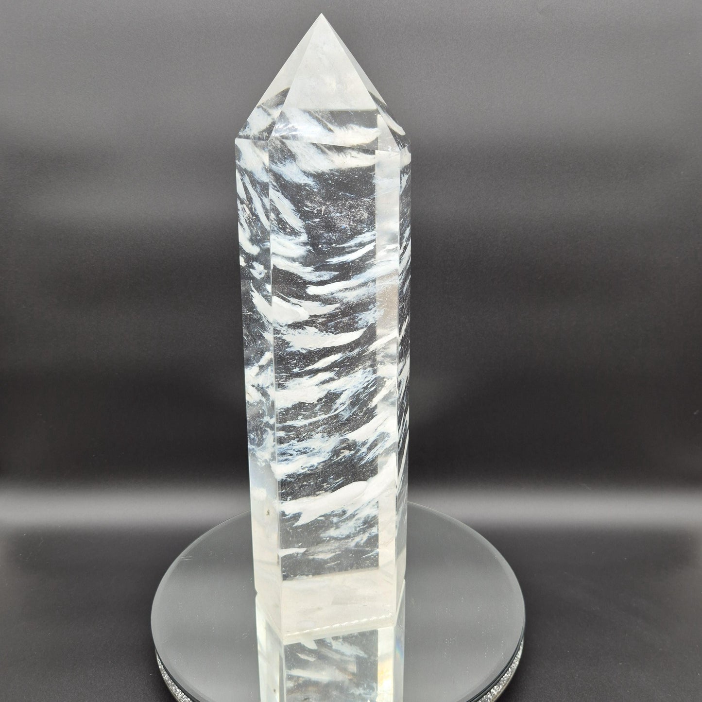 Huge Clear Quartz Tower with White Cloud Inclusions - Man Made Smelted Quartz - 20.79 lbs - 17in x 6in - Optional Light Base Crystal Hoarder