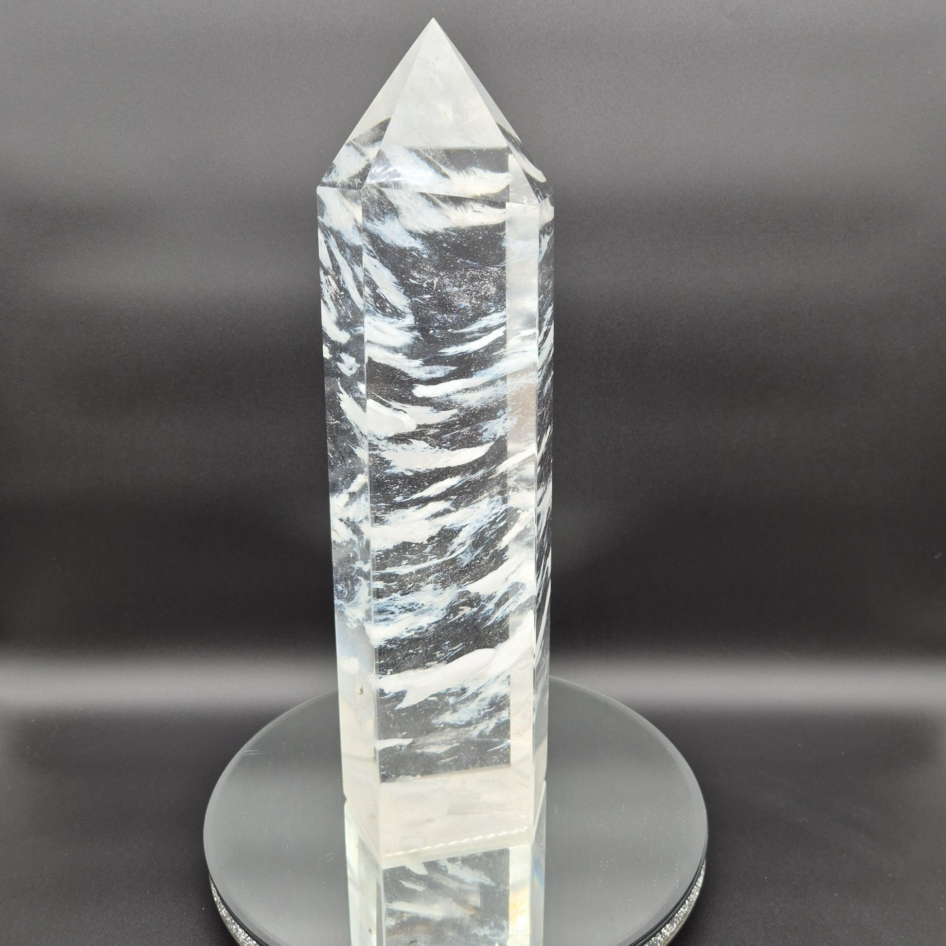 Huge Clear Quartz Tower with White Cloud Inclusions - Man Made Smelted Quartz - 20.79 lbs - 17in x 6in - Optional Light Base Crystal Hoarder