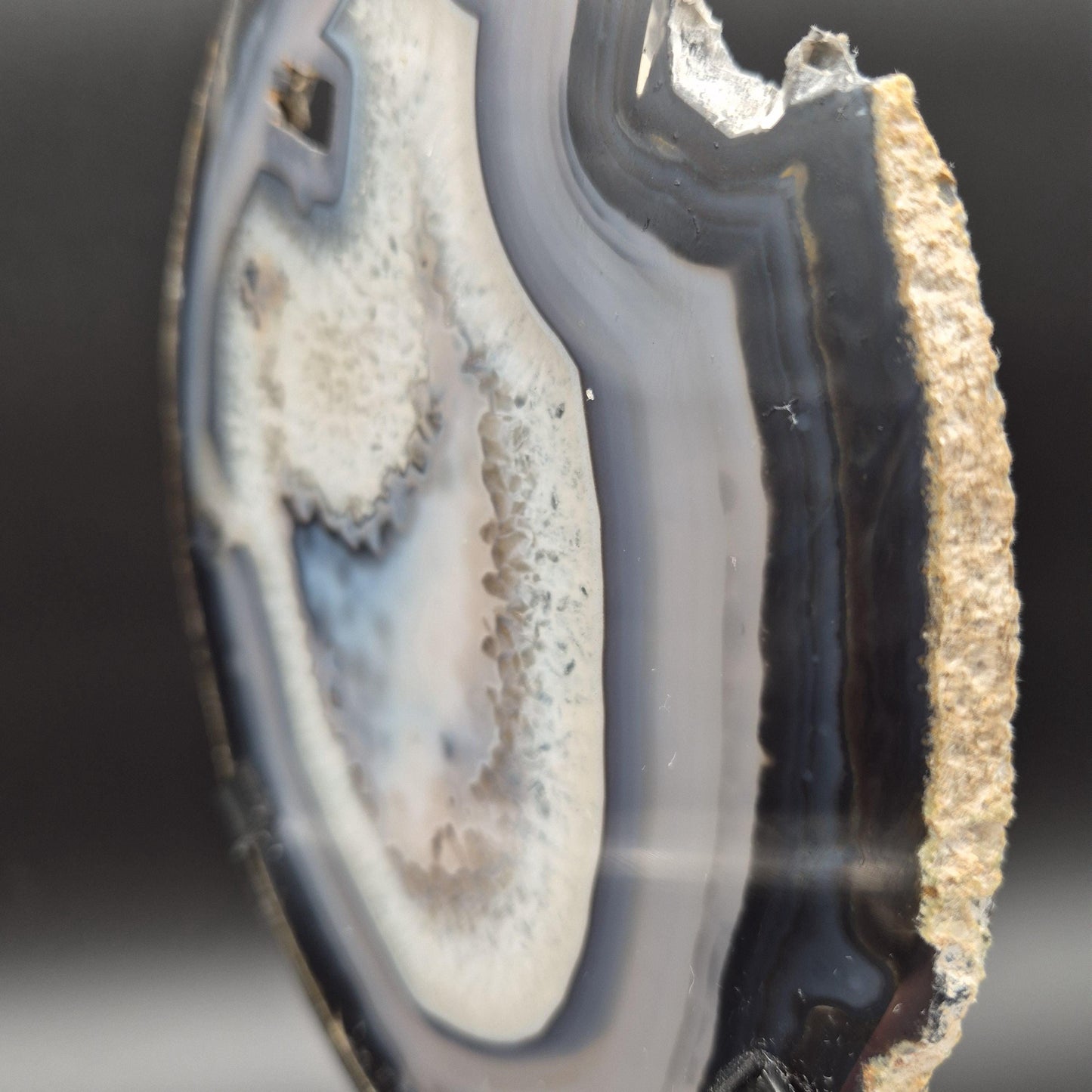 AAA+ Rare Natural Black Agate with Quartz Slice on Stand Brazil 1.11 lbs Crystal Hoarder