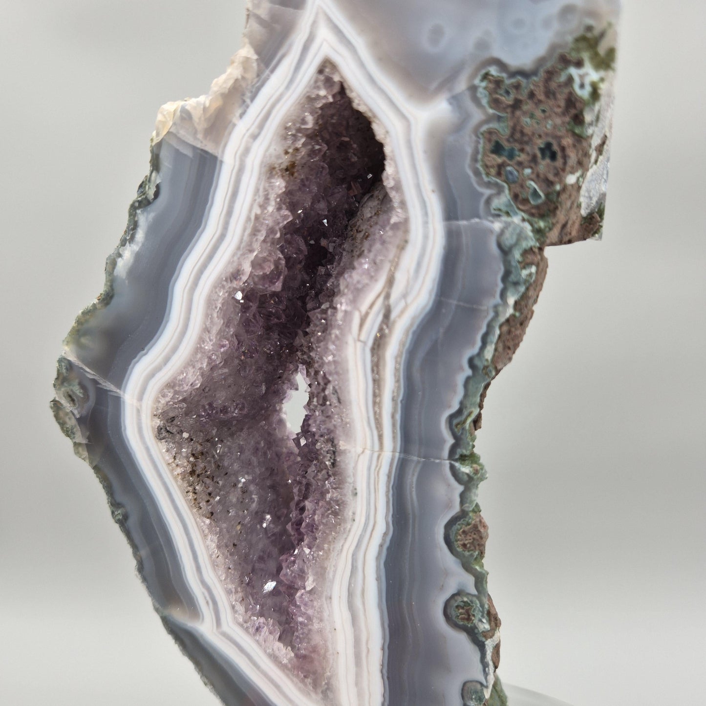 AAA+ Amethyst with Blue Banded Agate on Stand - Brazilian Amethyst Specimen with Natural Window - 13in Tall Crystal Display - 4.85 lbs Crystal Hoarder