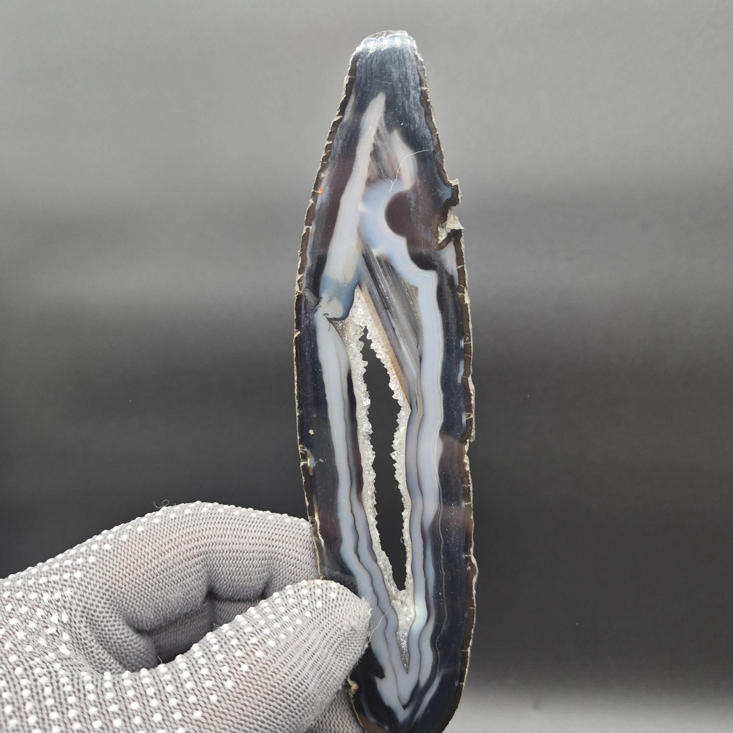 AAA+ Black Banded Agate Slices with Water Clear Druzy - Brazil | Set of 4 | 7in x 2in | 0.64 lbs Rare Crystal Hoarder