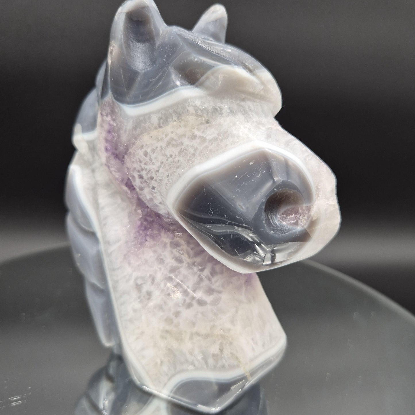 AAA+ Amethyst with Blue Banded Agate Hand-Carved Horse - Brazil - 6 x 5in - 3.35 lbs - Collector Display Crystal Hoarder