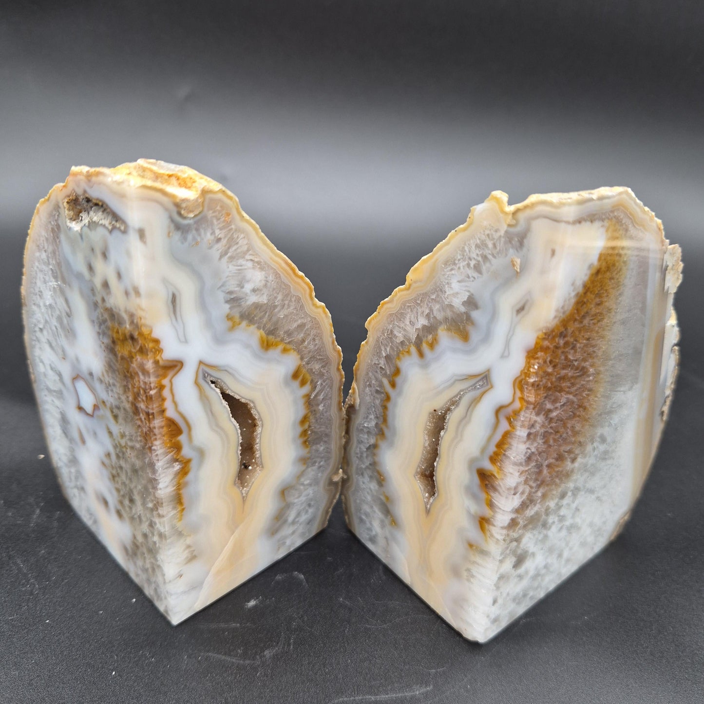 AAA+ Druzy Quartz Blue & Tan Banded Agate Double-Sided Geode Bookends - Brazilian Crystal Decor - 3.91 lbs Crystal Hoarder