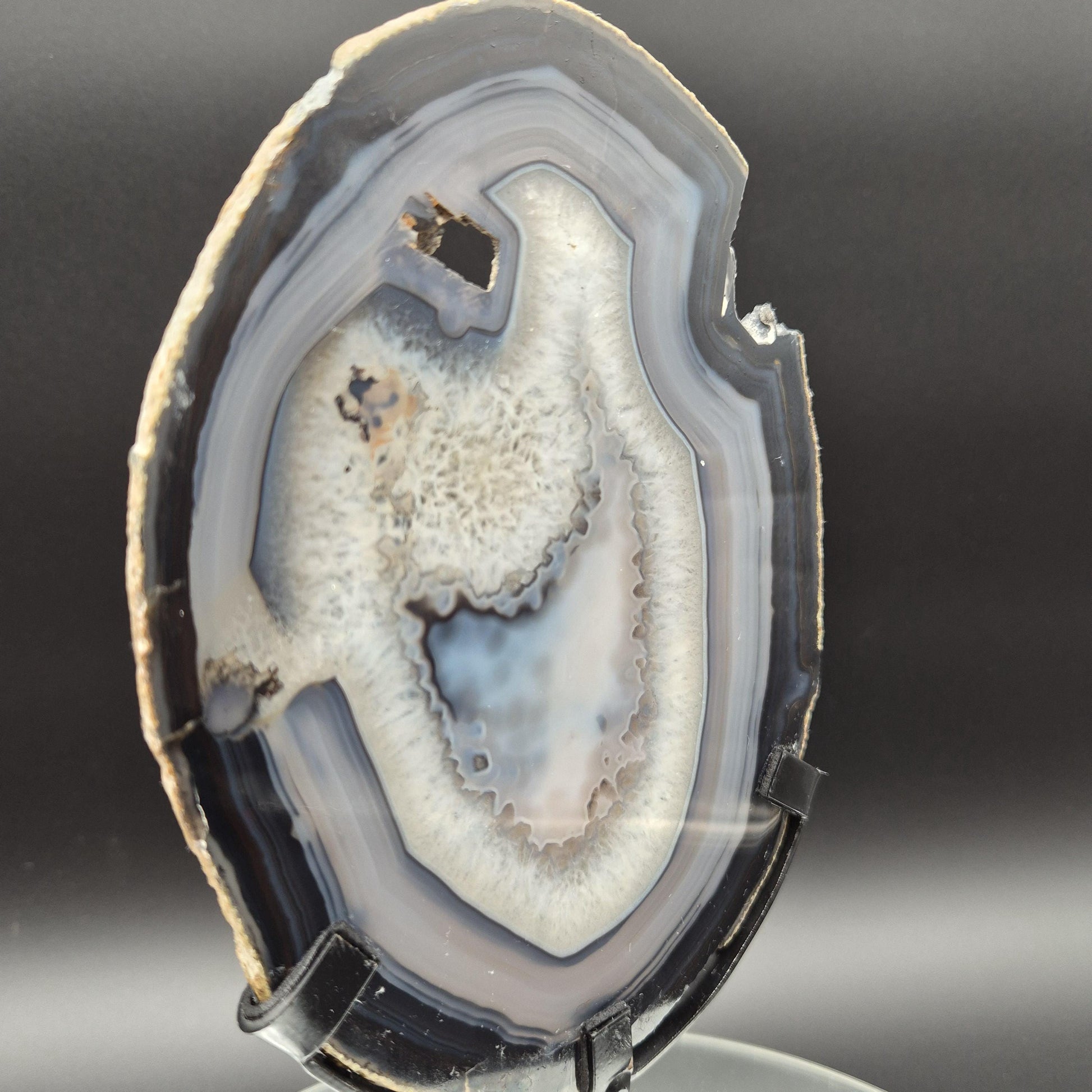 AAA+ Rare Natural Black Agate with Quartz Slice on Stand Brazil 1.11 lbs Crystal Hoarder