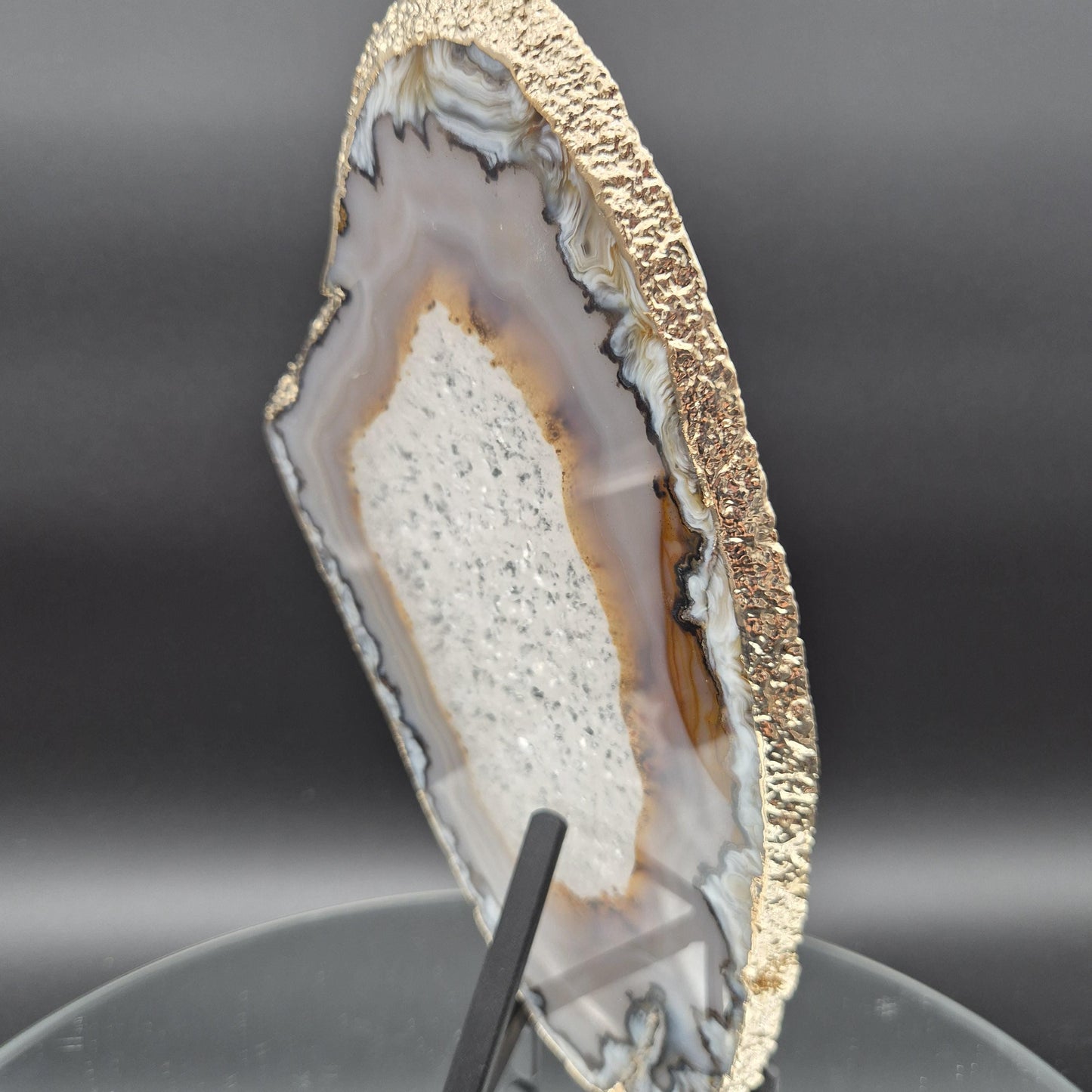 AAA+ Gold Tone Plated Agate Slice with Quartz Backlit Brazil 10x6x0.25 1.11 lbs Crystal Hoarder