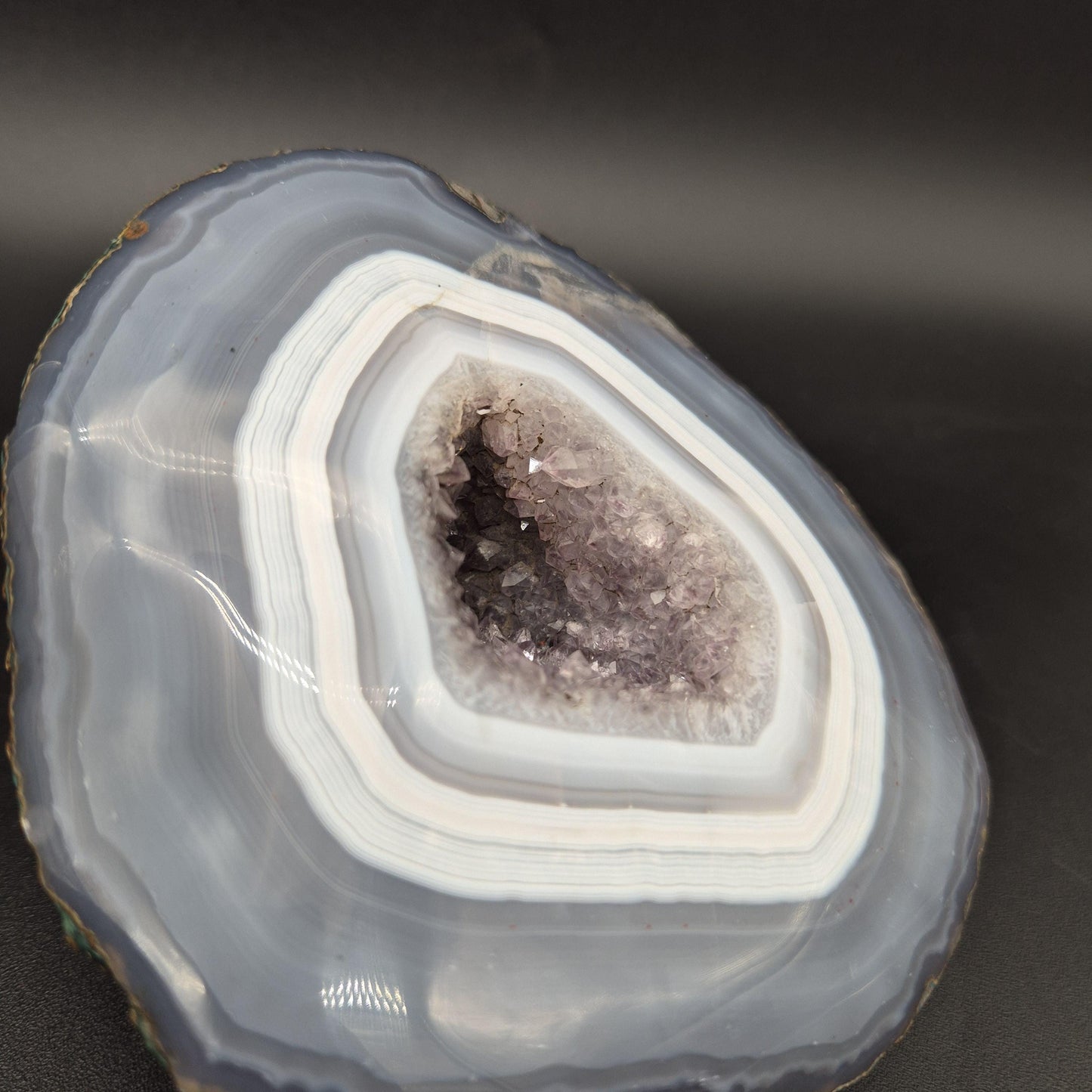 AAA+ Super Rare Amethyst with Tight Blue White Banded Agate Geode Brazil 3.42 lbs 5x4.5x2 Collector Crystal Crystal Hoarder