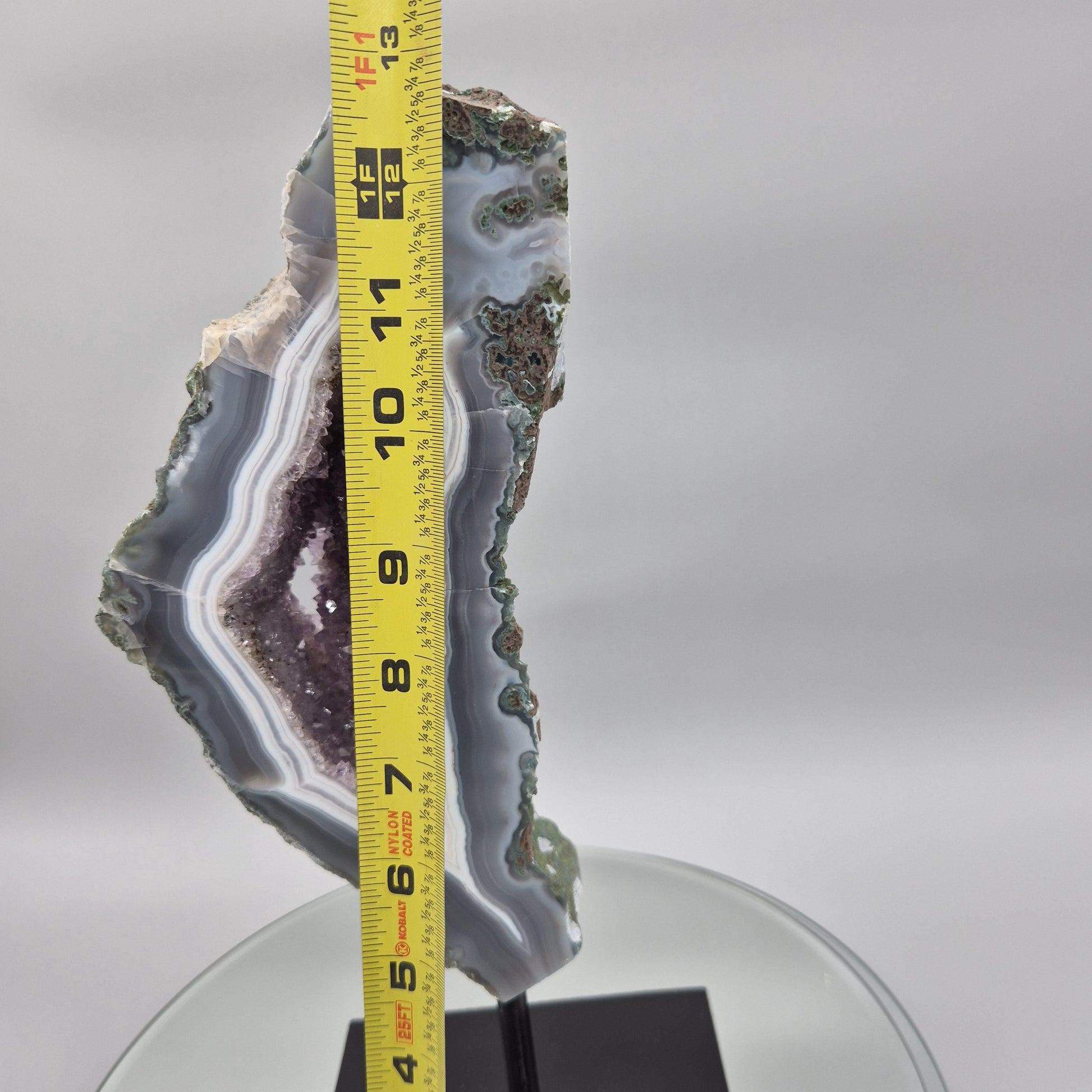 AAA+ Amethyst with Blue Banded Agate on Stand - Brazilian Amethyst Specimen with Natural Window - 13in Tall Crystal Display - 4.85 lbs Crystal Hoarder