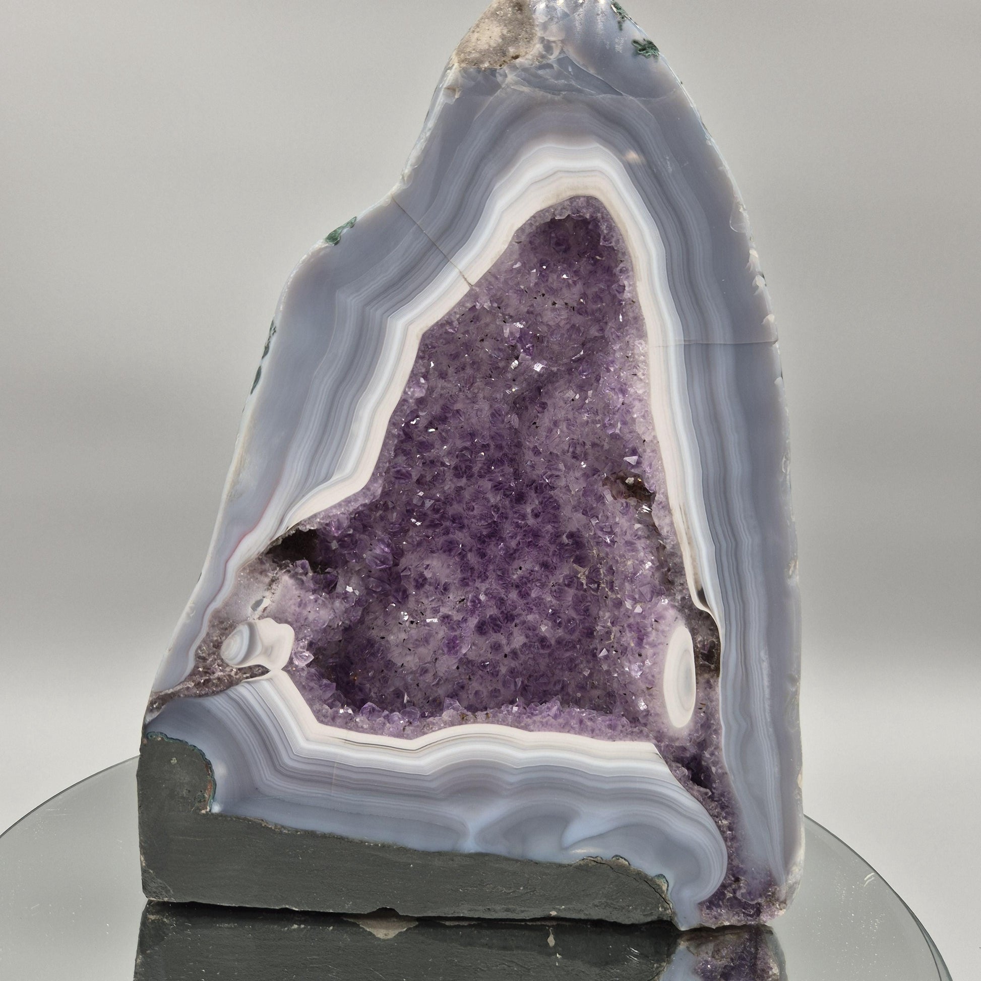 AAA+ Fully Polished Blue Banded Agate & Dark Amethyst Cathedral | Brazil Amethyst Geode | Collector Crystal Specimen Crystal Hoarder