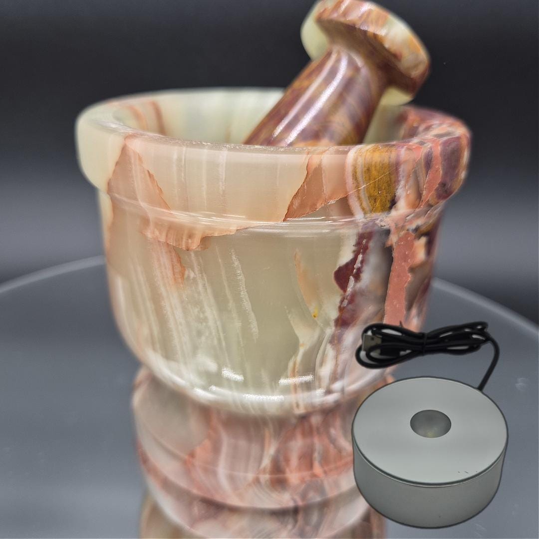 4 x 4 in Green Onyx Mortar and Pestle - 2.79 lbs - Optional Light-Up Base - Natural Stone Kitchen or Display Piece Crystal Hoarder