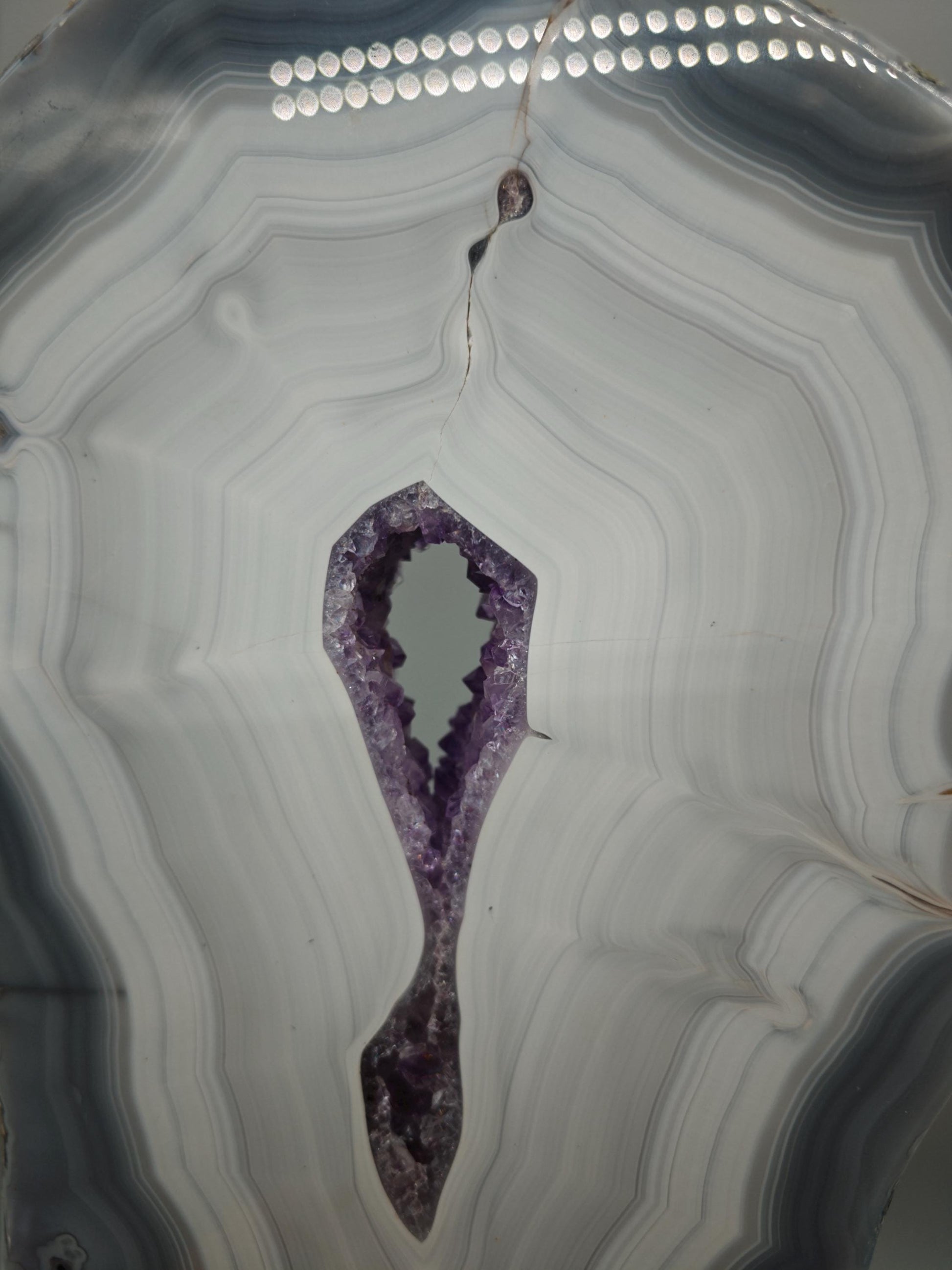 Fully Polished Druzy Amethyst with Blue Banded Agate & Calcite - Brazilian Crystal Display - 15.5in Statement Specimen - 7.33 lbs Crystal Hoarder