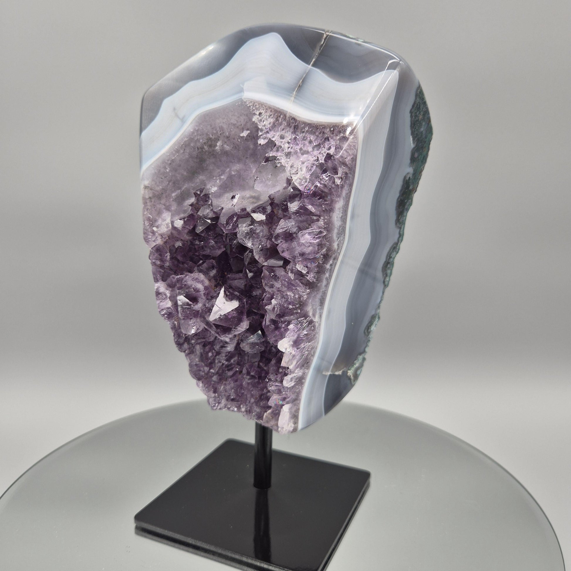 AAA+ Dark Amethyst with Blue Banded Agate - 10 x 5in, 7 lbs - Crystal on Stand, Brazil Crystal Hoarder