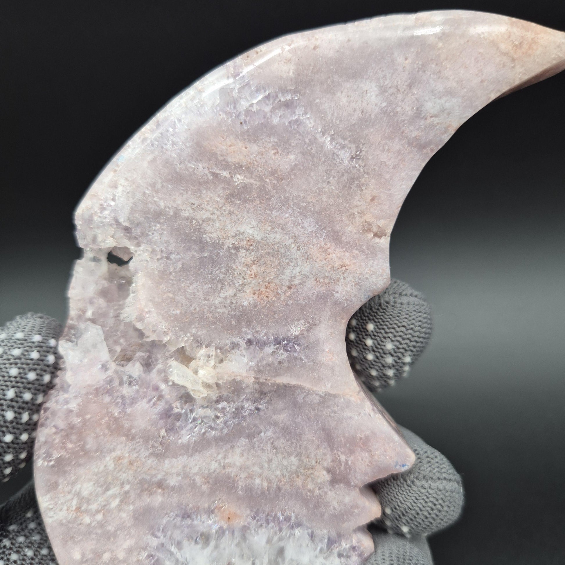 AAA+ Druzy Pink Amethyst Crescent Moon Face Carving | Brazilian Crystal Display | .95 lbs Crystal Hoarder
