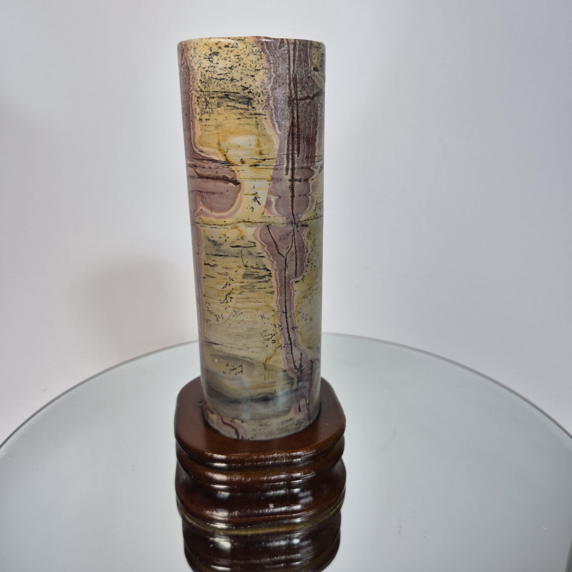 Picture Jasper Cylinder on Wood Stand - 7.5in Tall Earth Tone Crystal Display Crystal Hoarder