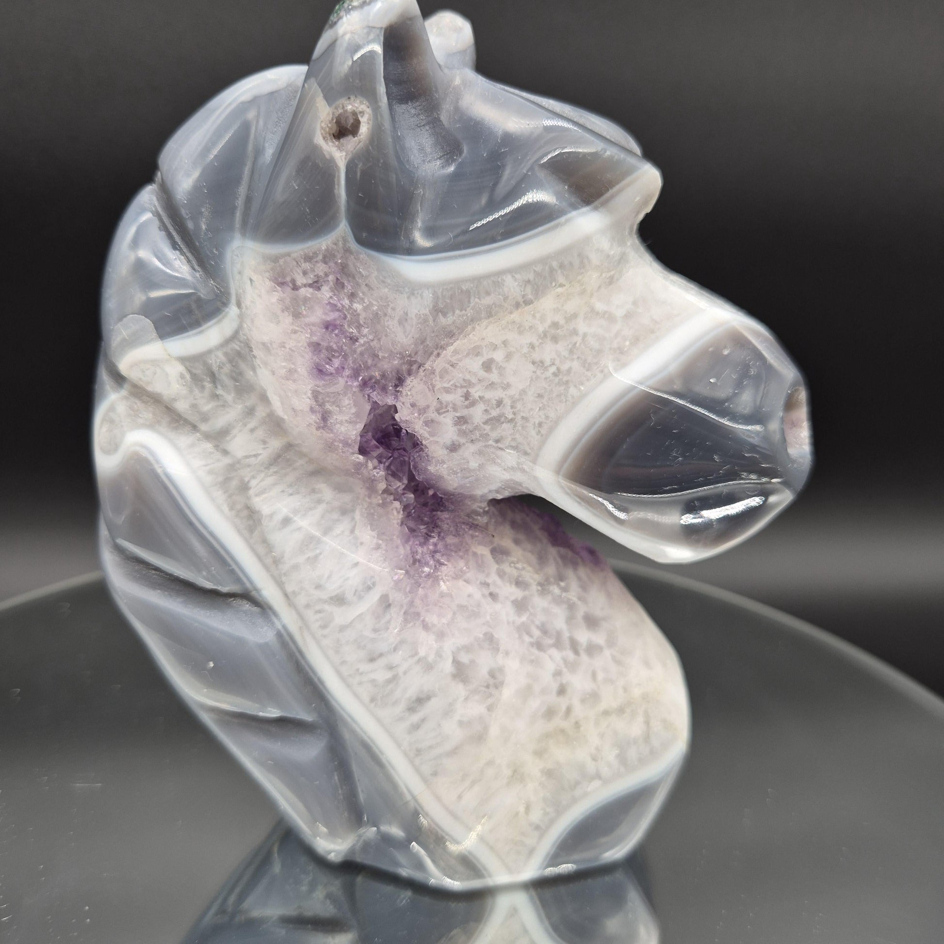 AAA+ Amethyst with Blue Banded Agate Hand-Carved Horse - Brazil - 6 x 5in - 3.35 lbs - Collector Display Crystal Hoarder