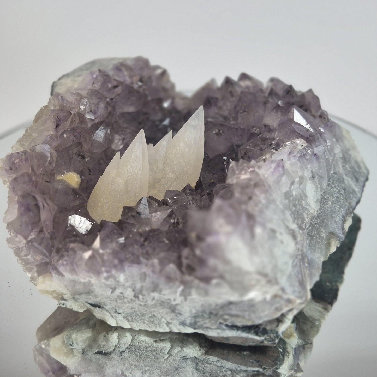 Super Rare White Mountain Calcite Points on Amethyst Cluster with Sugar Calcite Crystal Hoarder