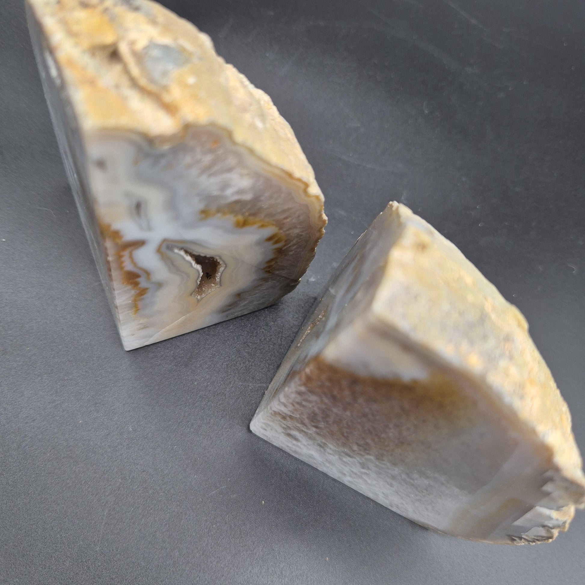 AAA+ Druzy Quartz Blue & Tan Banded Agate Double-Sided Geode Bookends - Brazilian Crystal Decor - 3.91 lbs Crystal Hoarder