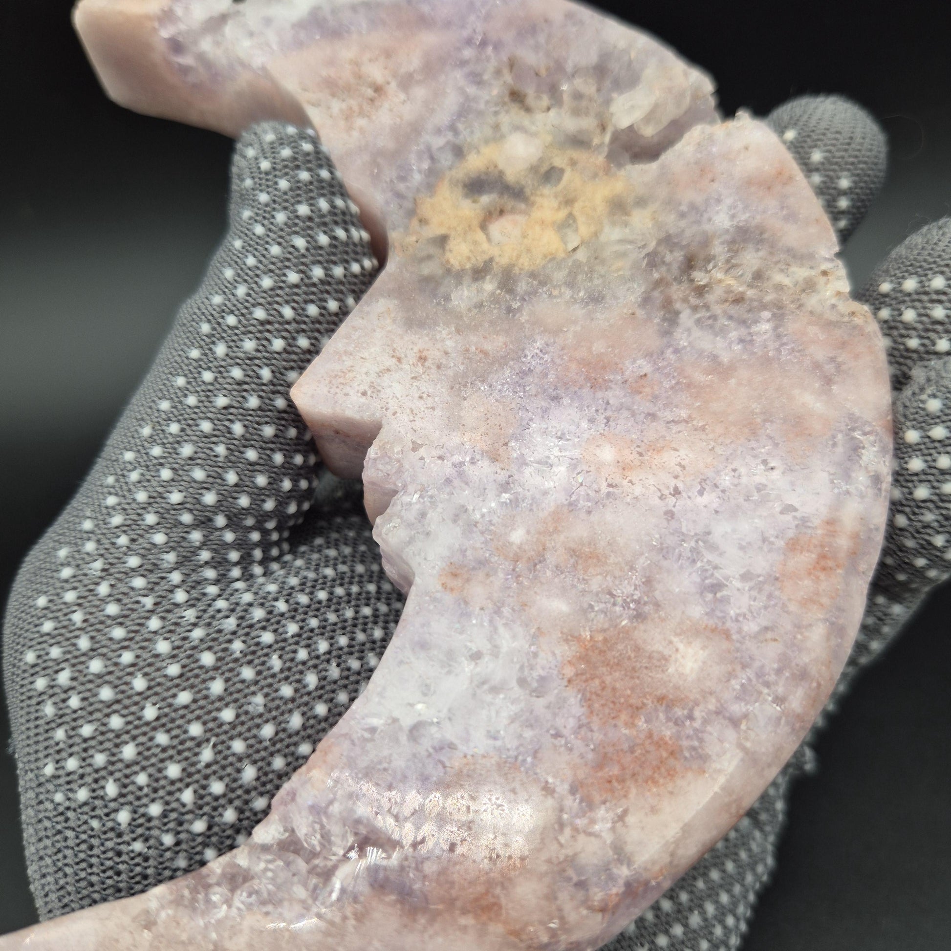AAA+ Druzy Pink Amethyst Crescent Moon Face Carving | Brazilian Crystal Display | .95 lbs Crystal Hoarder
