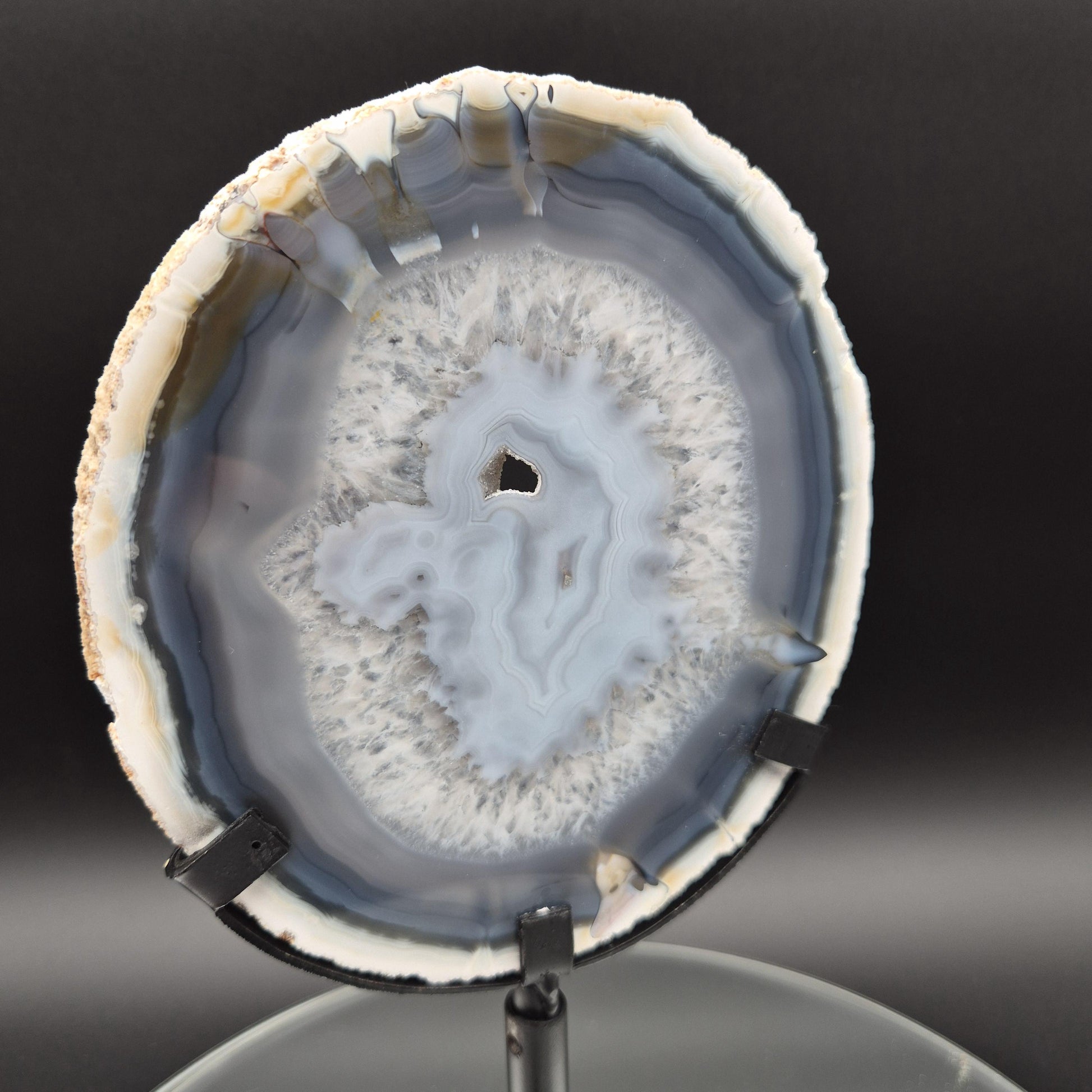 AAA+ Super Rare Druzy White and Dark Blue Agate Slice on Stand Brazil 1.03 lbs Crystal Hoarder