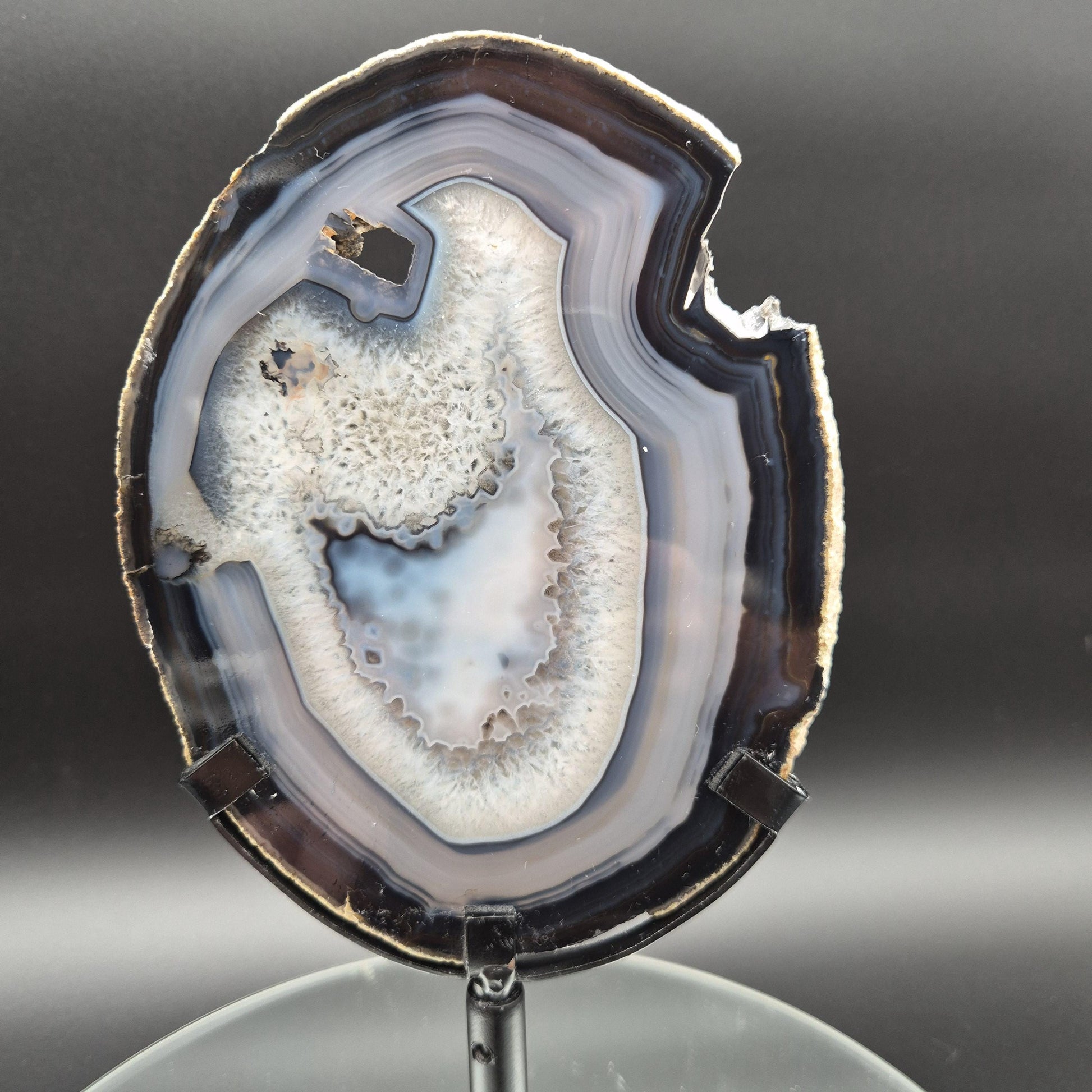 AAA+ Rare Natural Black Agate with Quartz Slice on Stand Brazil 1.11 lbs Crystal Hoarder