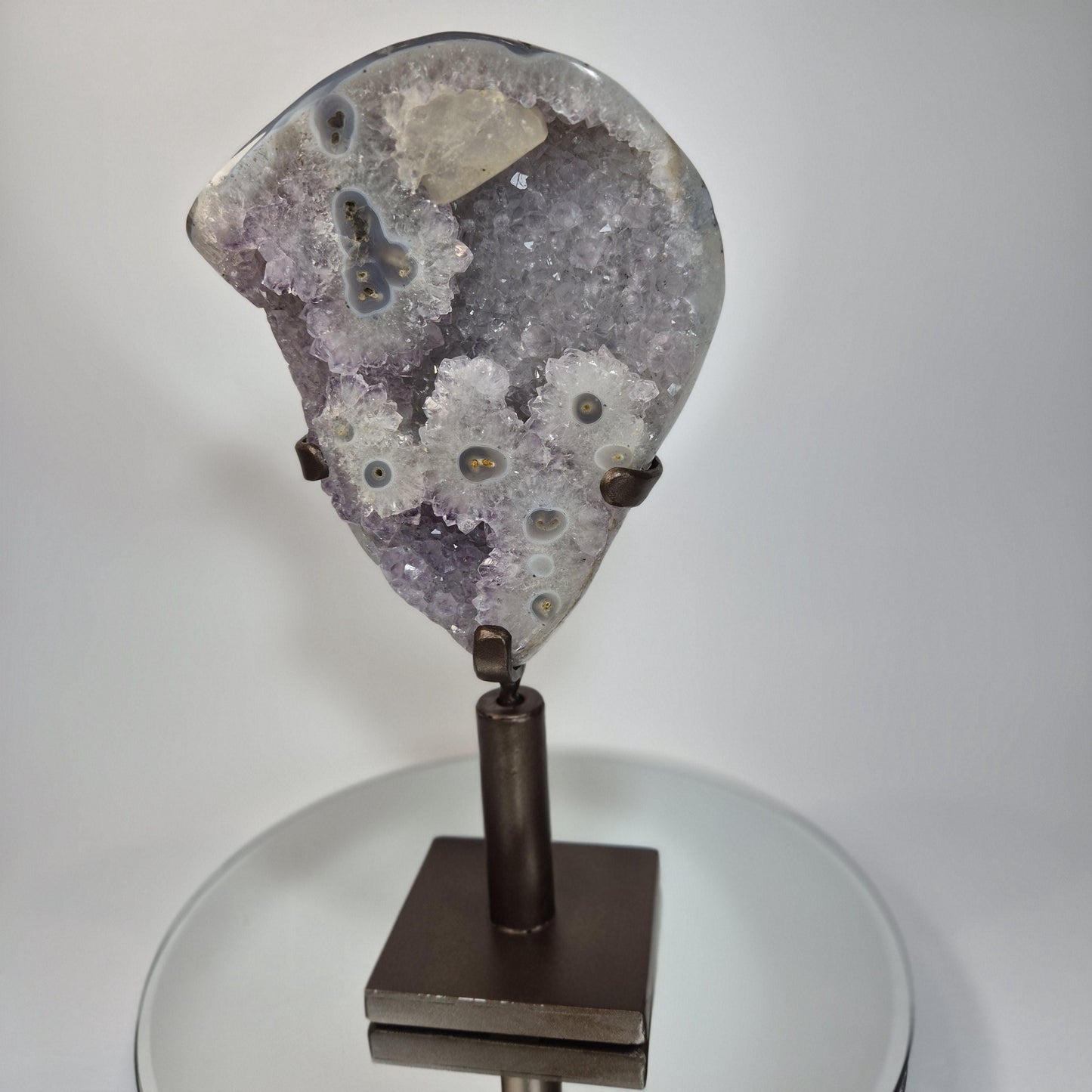 AAA+ Uruguay Amethyst with Stalactite Eyes, Large Calcite & Blue Banded Agate on Base - 13.5in Tall, 5.53 lb Statement Collector Specimen Crystal Hoarder