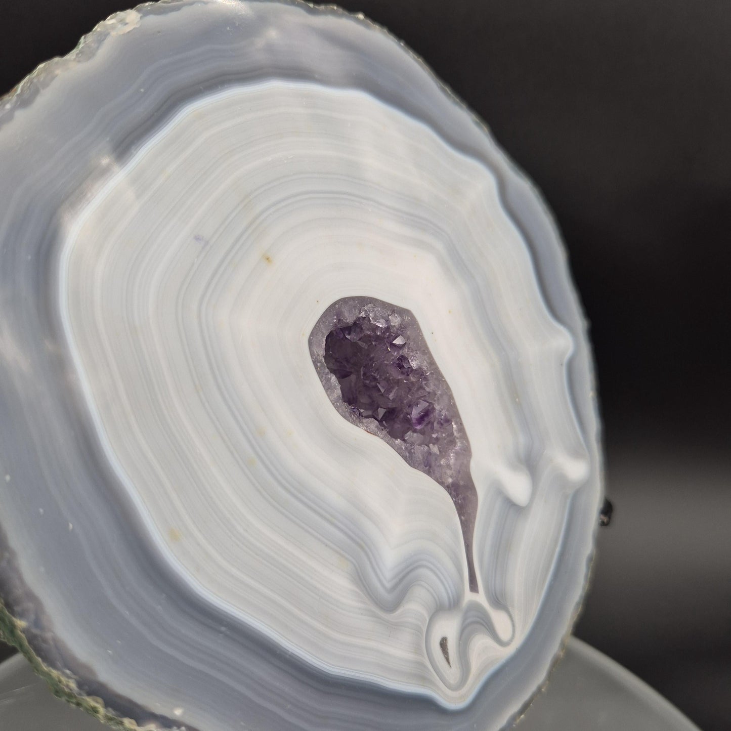 AAA+ Blue Banded Agate with Amethyst on Stand | Brazil Crystal Display | 9 Inch Tall | 2.89 lbs Crystal Hoarder