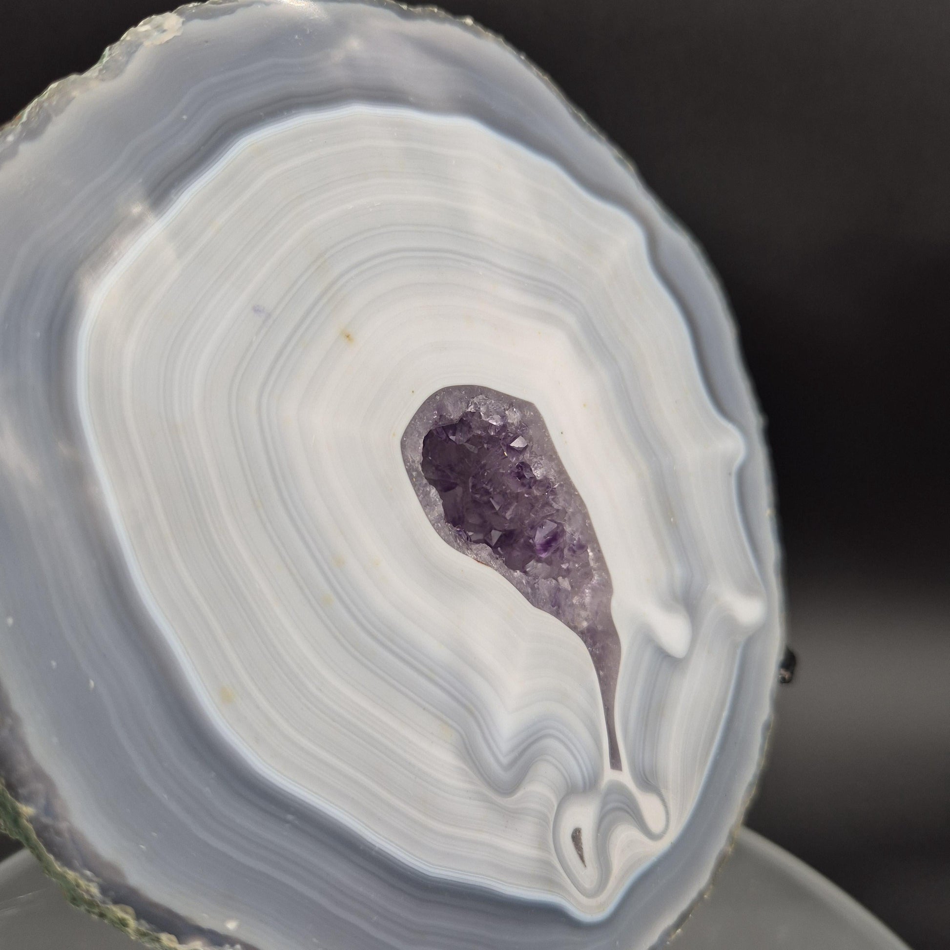 AAA+ Blue Banded Agate with Amethyst on Stand | Brazil Crystal Display | 9 Inch Tall | 2.89 lbs Crystal Hoarder