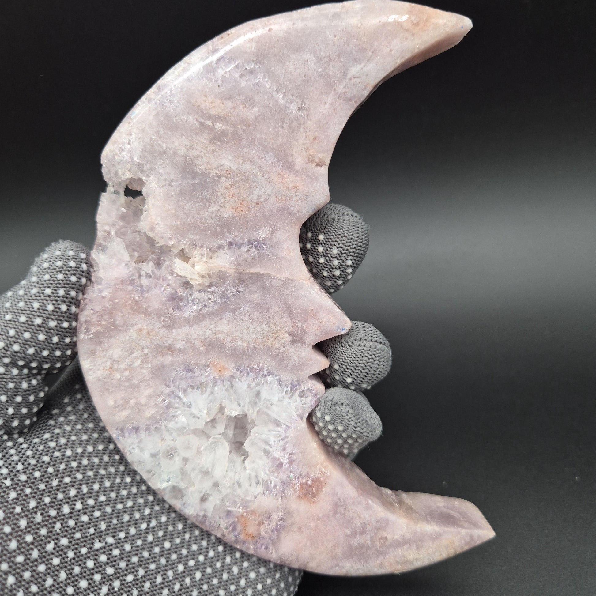 AAA+ Druzy Pink Amethyst Crescent Moon Face Carving | Brazilian Crystal Display | .95 lbs Crystal Hoarder