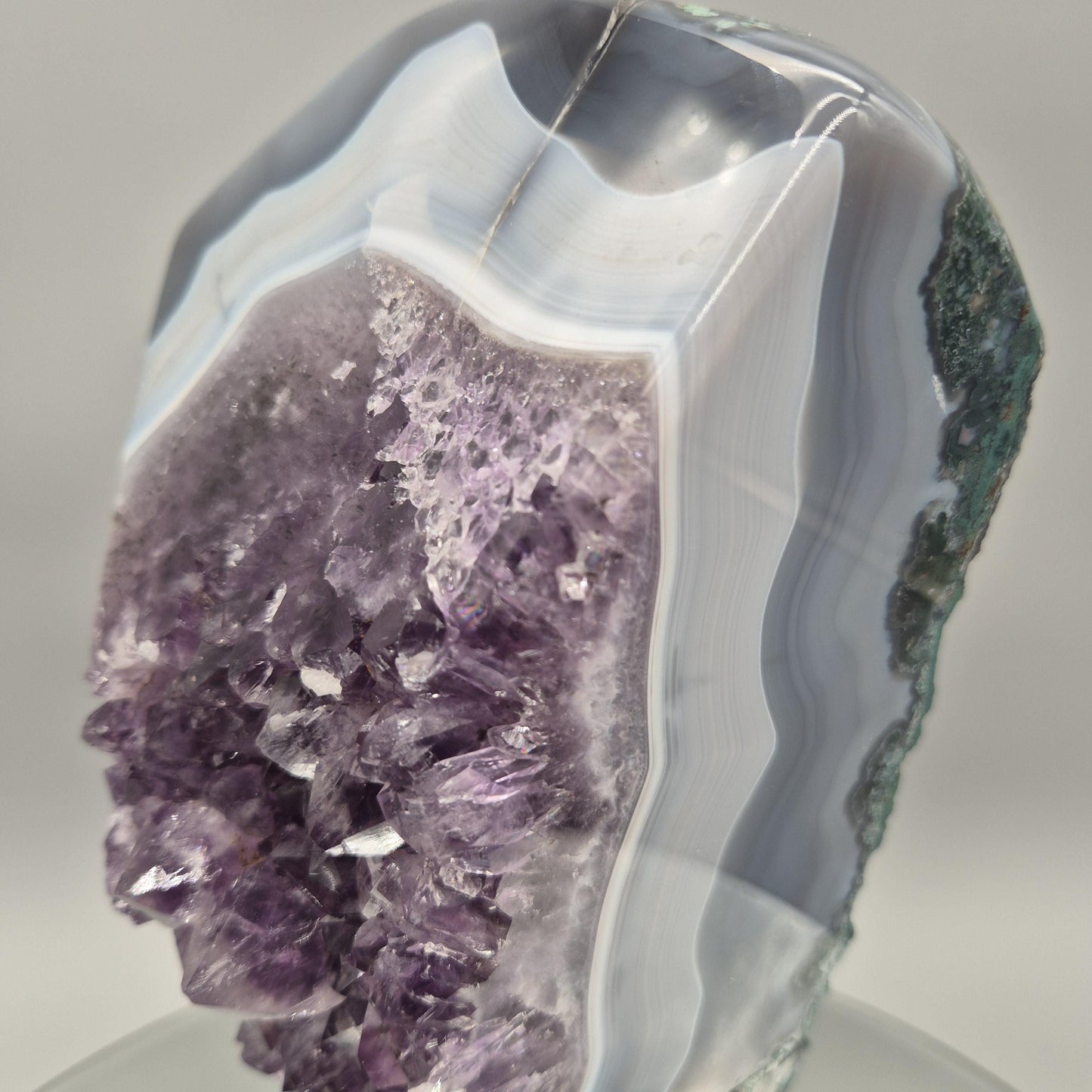 AAA+ Dark Amethyst with Blue Banded Agate - 10 x 5in, 7 lbs - Crystal on Stand, Brazil Crystal Hoarder