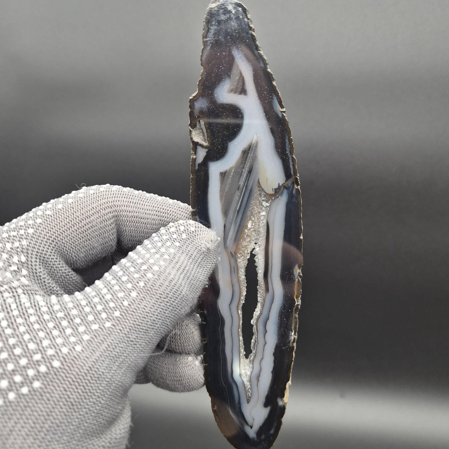 AAA+ Black Banded Agate Slices with Water Clear Druzy - Brazil | Set of 4 | 7in x 2in | 0.64 lbs Rare Crystal Hoarder