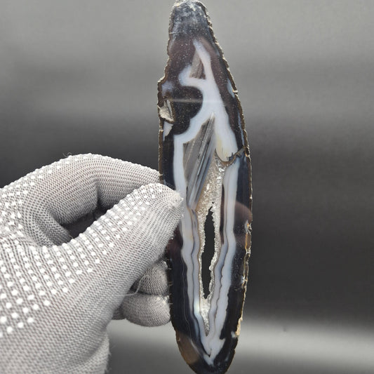 AAA+ Black Banded Agate Slices with Water Clear Druzy - Brazil | Set of 4 | 7in x 2in | 0.64 lbs Rare Crystal Hoarder