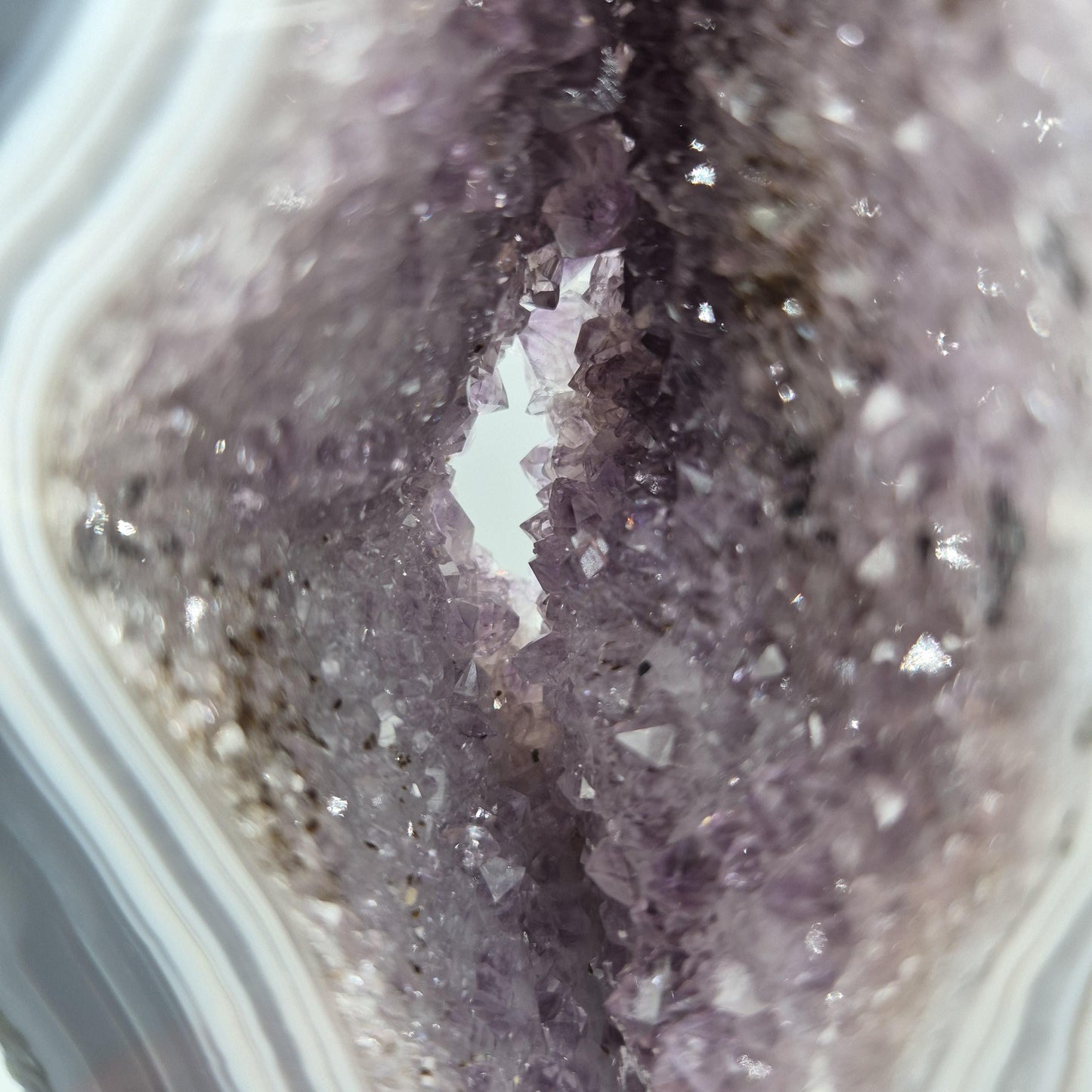 AAA+ Amethyst with Blue Banded Agate on Stand - Brazilian Amethyst Specimen with Natural Window - 13in Tall Crystal Display - 4.85 lbs Crystal Hoarder