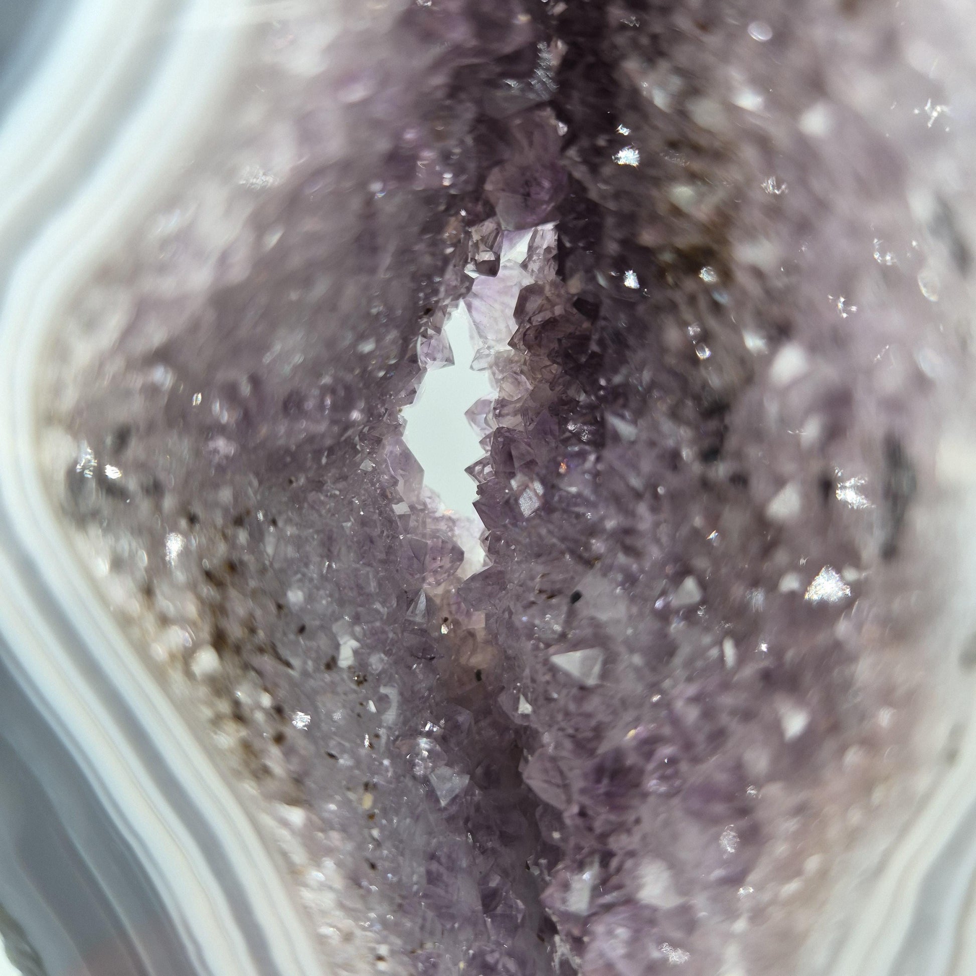 AAA+ Amethyst with Blue Banded Agate on Stand - Brazilian Amethyst Specimen with Natural Window - 13in Tall Crystal Display - 4.85 lbs Crystal Hoarder