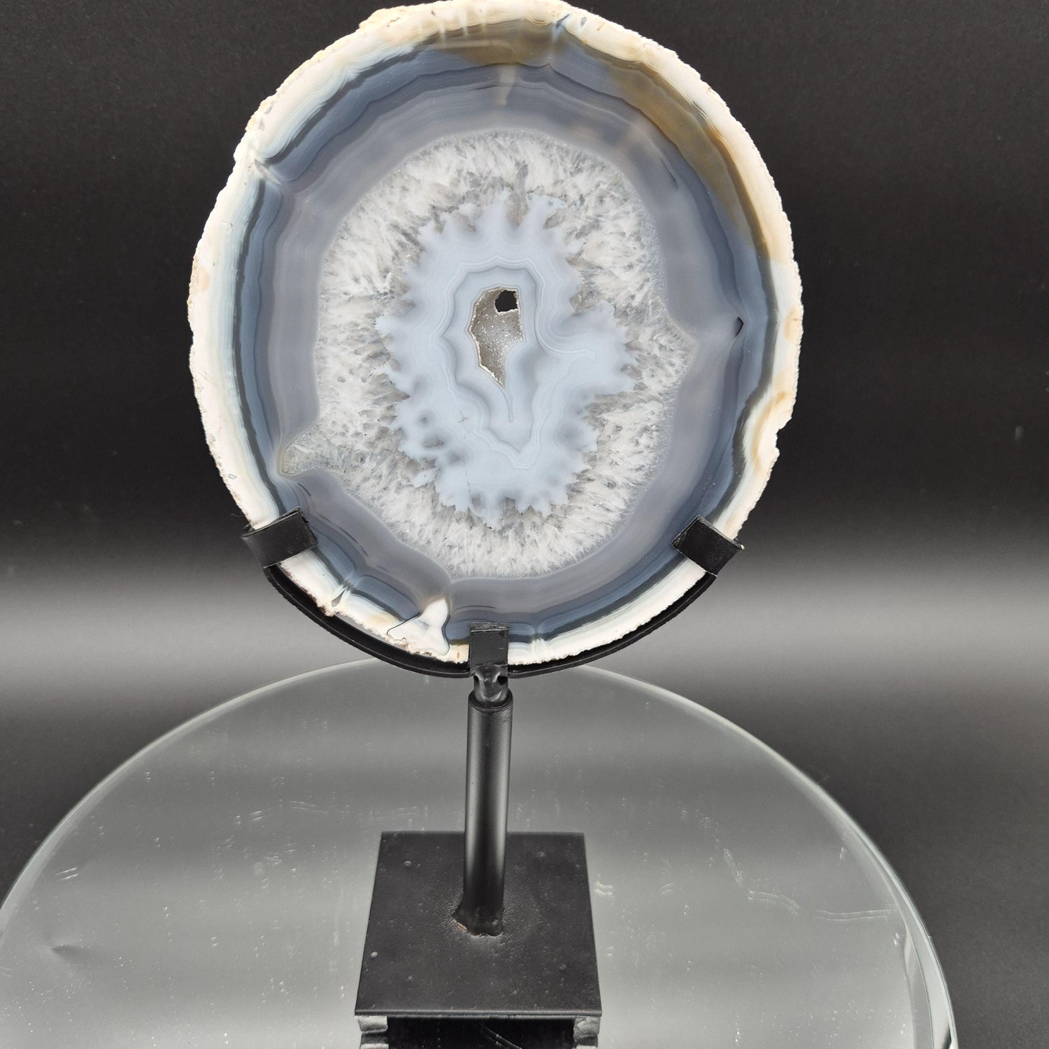 AAA+ Super Rare Druzy White and Dark Blue Agate Slice on Stand Brazil 1.03 lbs Crystal Hoarder