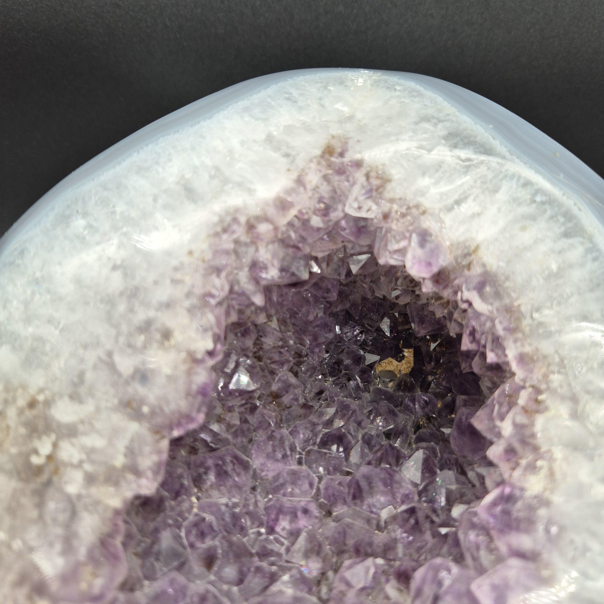 Fully Polished Amethyst with Blue Banded Agate Geode Head Hematite Calcite 12.41 lbs 9x9x7.5 Brazil Crystal Hoarder