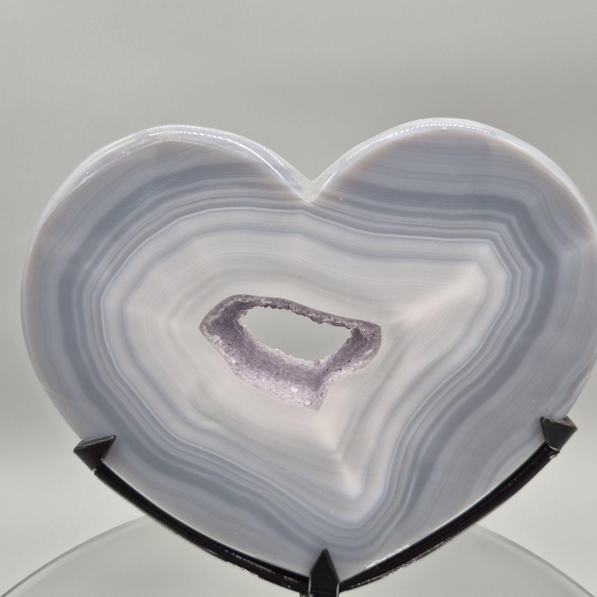 AAA+ Druzy Amethyst with Blue Banded Agate on Stand - Brazilian Amethyst Specimen - Perfect Framed Crystal Center Crystal Hoarder