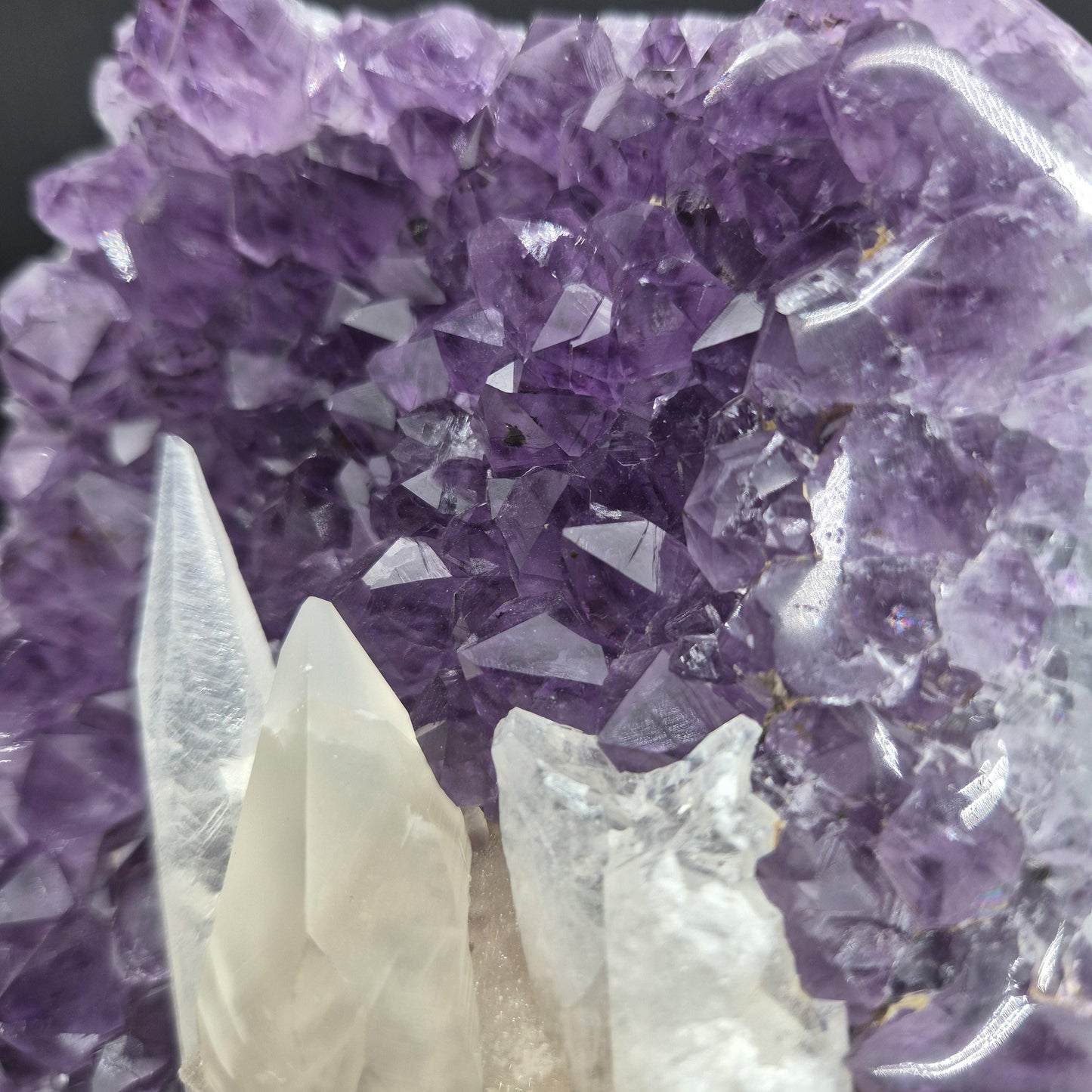 Super Rare Amethyst with Double-Terminated Transparent & Sugar Calcite | 7.5 x 4.5in | 2 lb Free-Form Crystal on Stand | UV Reactive Crystal Hoarder