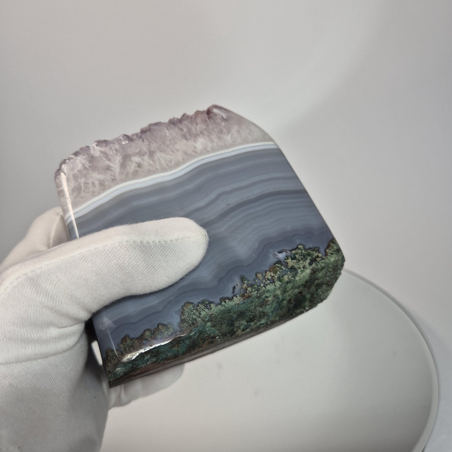 Blue Banded Agate with Amethyst Freeform - 4.595 lbs Brazilian Crystal - Large Statement Display Stone - One of a Kind Collector Specimen Crystal Hoarder